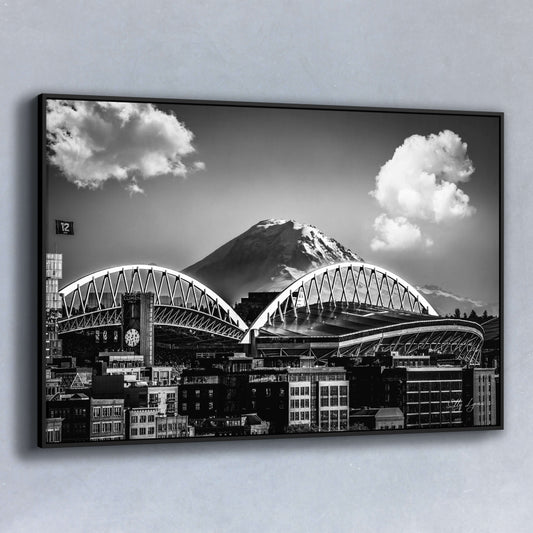 Black and white fine art print of Lumen Field with Mount Rainier rising in the distance, dramatic contrast and sharp architectural detail.