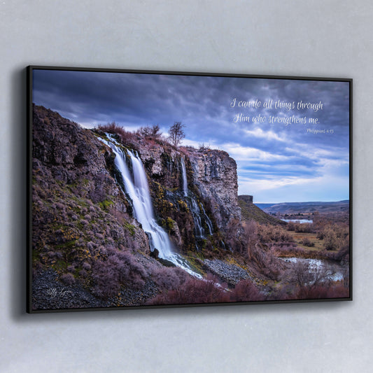 Christian wall art of a dramatic waterfall with the Bible verse Philippians 4:13 — “I can do all things through Him who strengthens me” — overlayed on the sky.