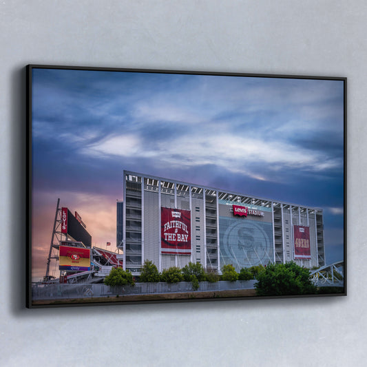 Fine art print of Levi’s Stadium at sunset with “Faithful to the Bay” banners and 49ers signage—perfect for San Francisco football fans.