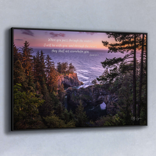 Sunset coastal Christian wall art featuring Isaiah 43:2 — “When you pass through the waters, I will be with you.”