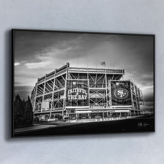 Black and white fine art photograph of Levi’s Stadium with “Faithful to the Bay” banners, captured in dramatic grayscale tones.