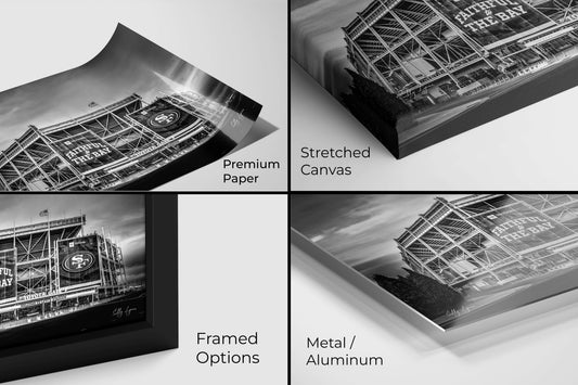 Levi’s Stadium monochrome print shown on premium photo paper, canvas, metal, and acrylic with framing details.