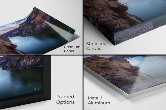 Faith-based fine art landscape print of Snake River Canyon with Psalm 19:1, displayed on premium paper, canvas, framed, and metal finishes.
