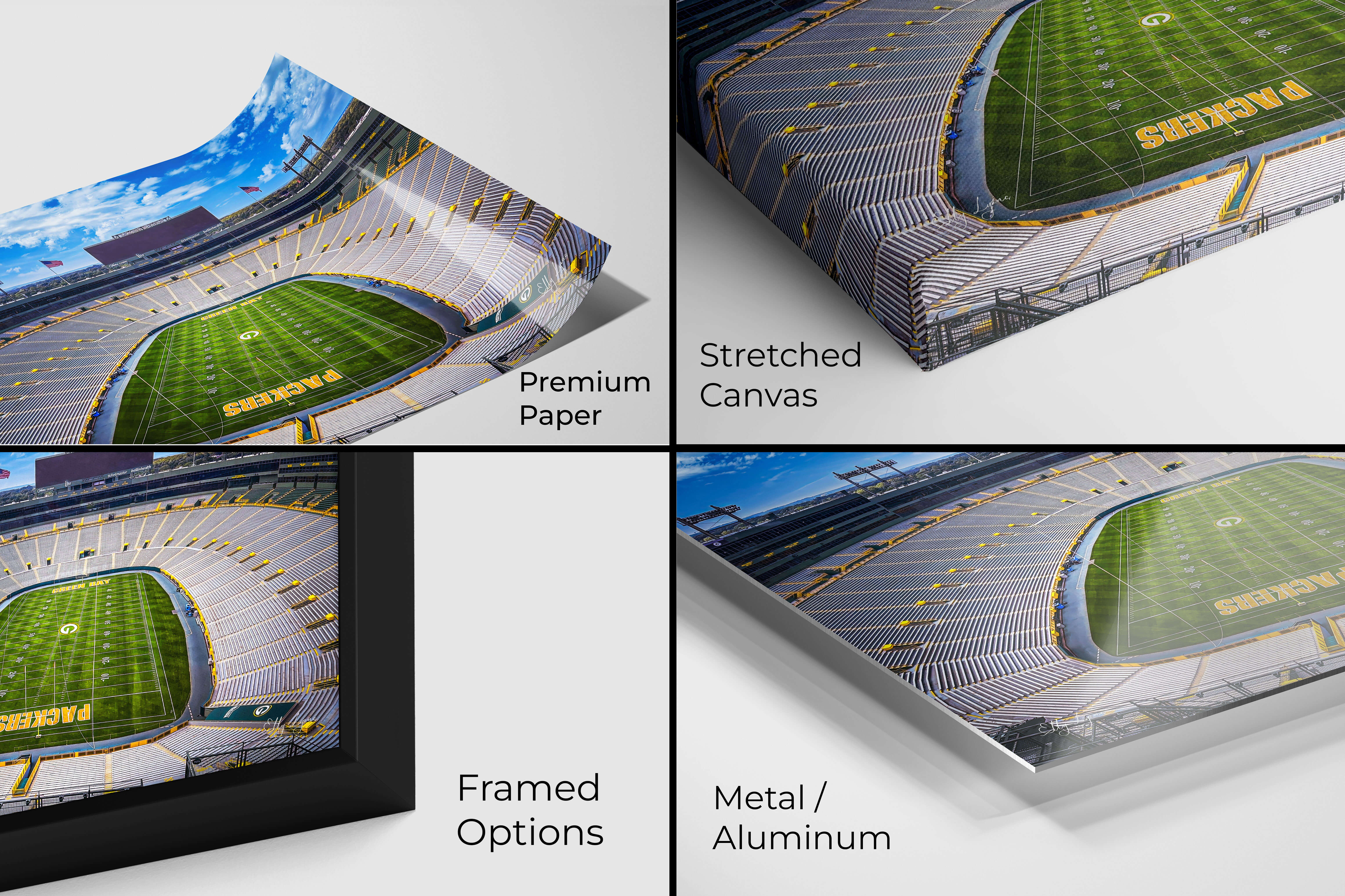Close-up of print formats for Lambeau Field artwork—premium photo paper, metal, canvas, and framed options with detail views.
