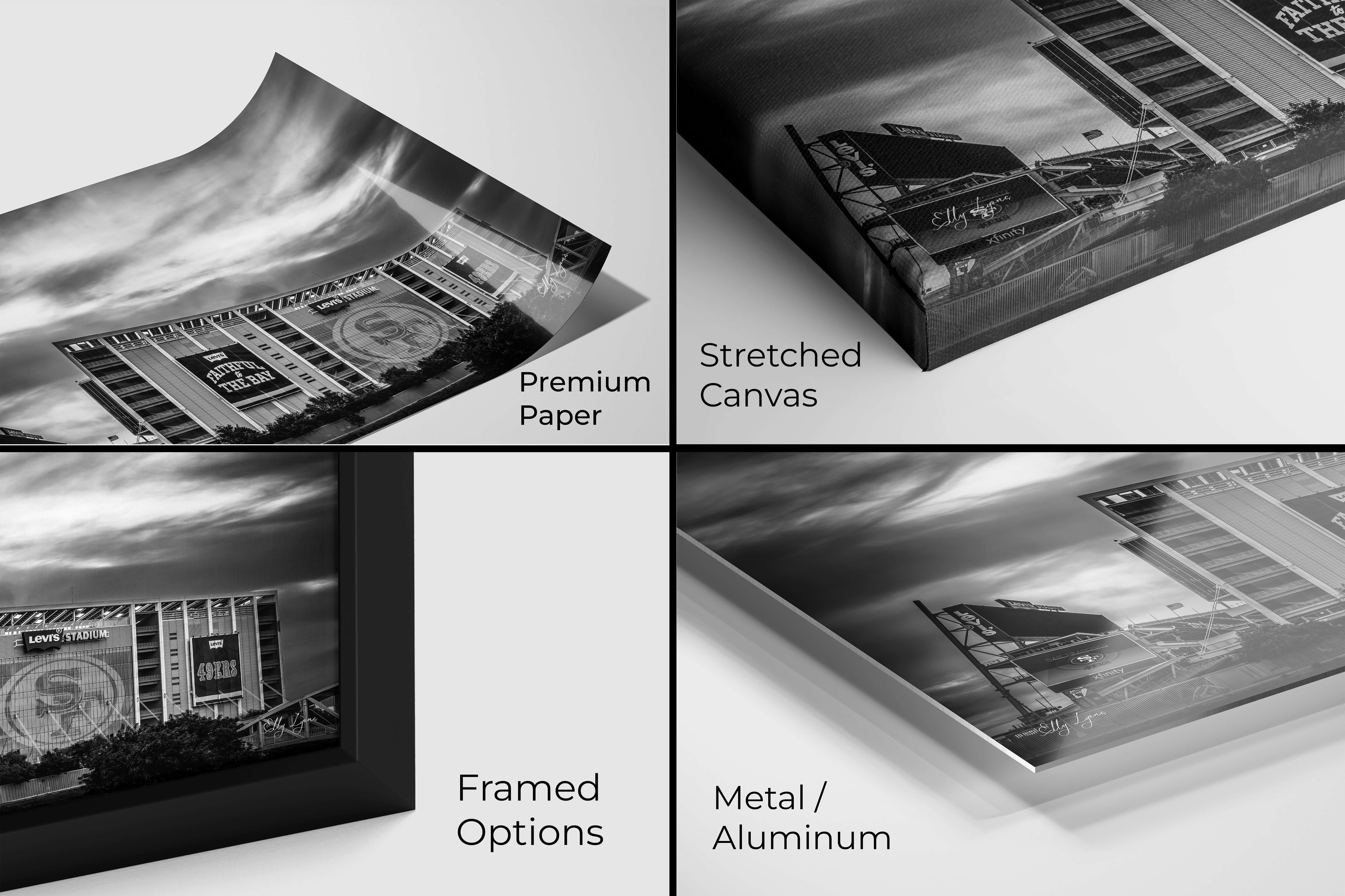 Detailed close-up of Levi’s Stadium fine art print showcasing available material finishes including premium photo paper, stretched canvas, framed options, and aluminum/metal