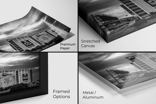 Detailed close-up of Levi’s Stadium fine art print showcasing available material finishes including premium photo paper, stretched canvas, framed options, and aluminum/metal
