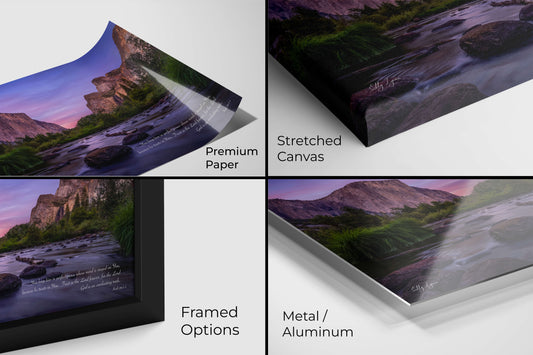 Peaceful Yosemite Christian landscape with Isaiah 26:3-4 offered in premium paper, canvas, metal, and framed print formats.