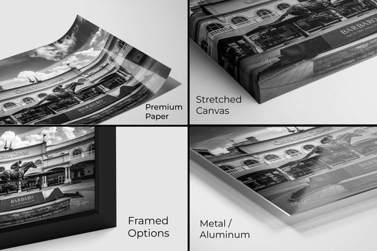 Material Options Close-Up – Detailed mockup showing Churchill Downs & Barbaro print on premium paper, canvas, metal, and framed finishes.
