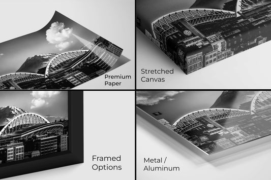 Lumen Field and Mount Rainier black and white print displayed on premium paper, canvas, metal, and acrylic with framing choices.