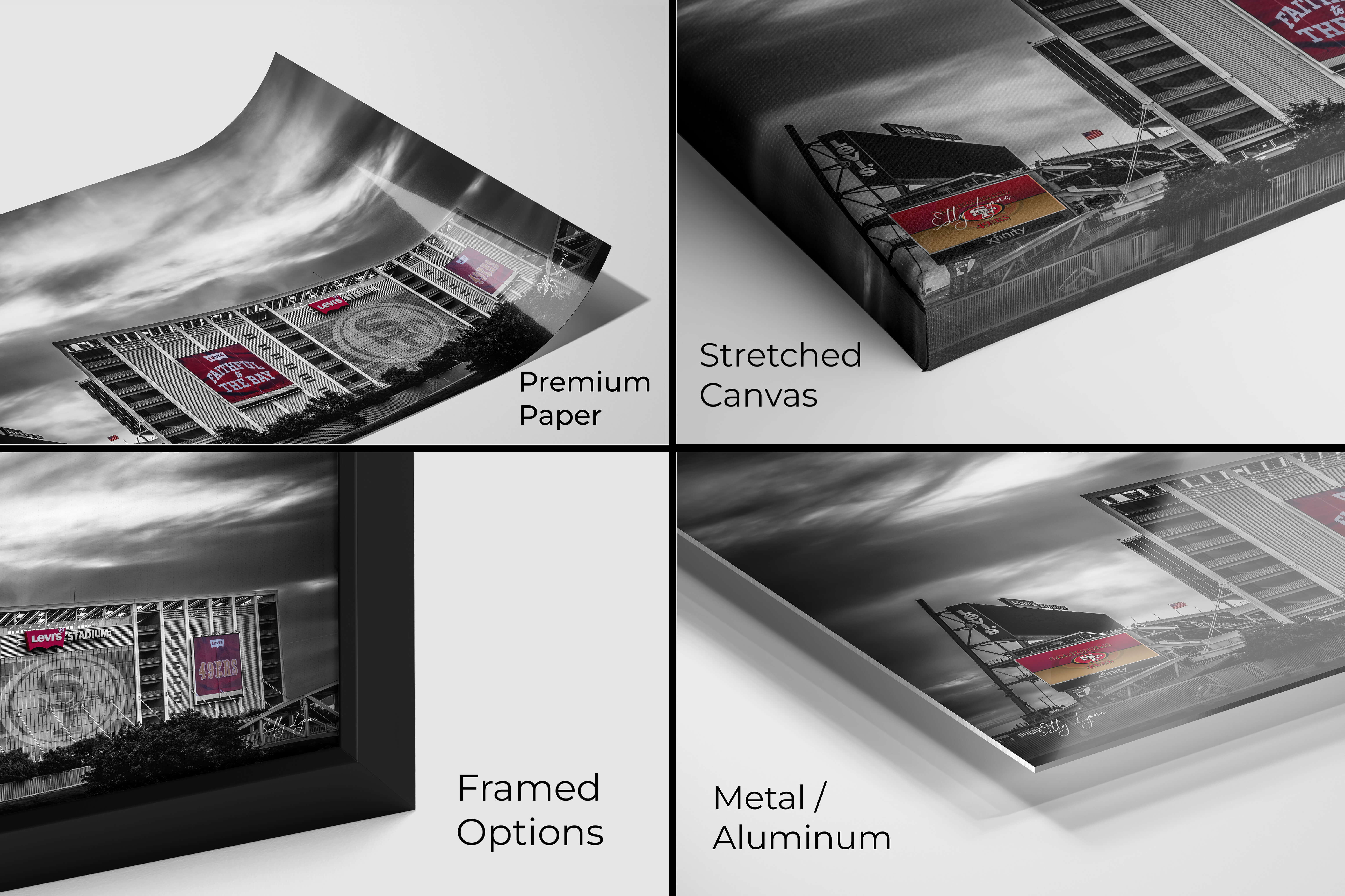 Detailed preview of Levi’s Stadium color splash print materials including canvas, metal, premium photo paper, and framed options for high-quality finish selection.
