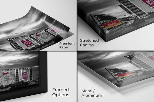Detailed preview of Levi’s Stadium color splash print materials including canvas, metal, premium photo paper, and framed options for high-quality finish selection.