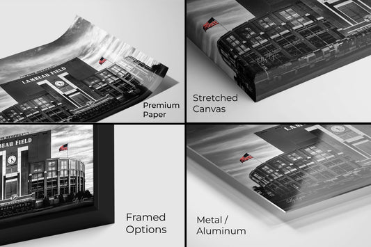 Material Options Close-Up – Close-up view of Lambeau Field print on premium paper, stretched canvas, framed, and metal, showing fine detail and texture options.