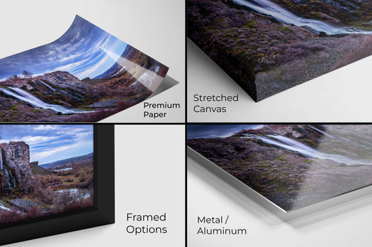 Premium fine art print of a waterfall landscape with Philippians 4:13 shown on paper, canvas, framed, and metal print materials.
