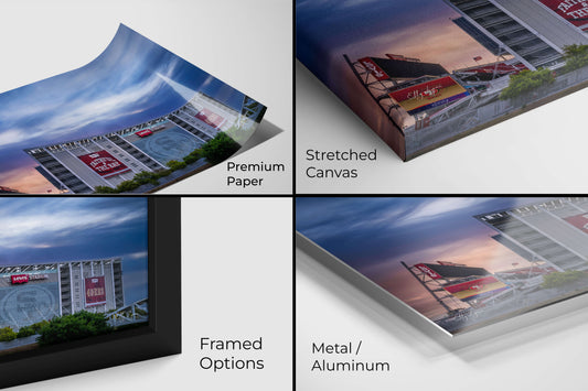 Detailed close-up of print available in premium paper, canvas, metal, and framed options for Levi’s Stadium wall art.