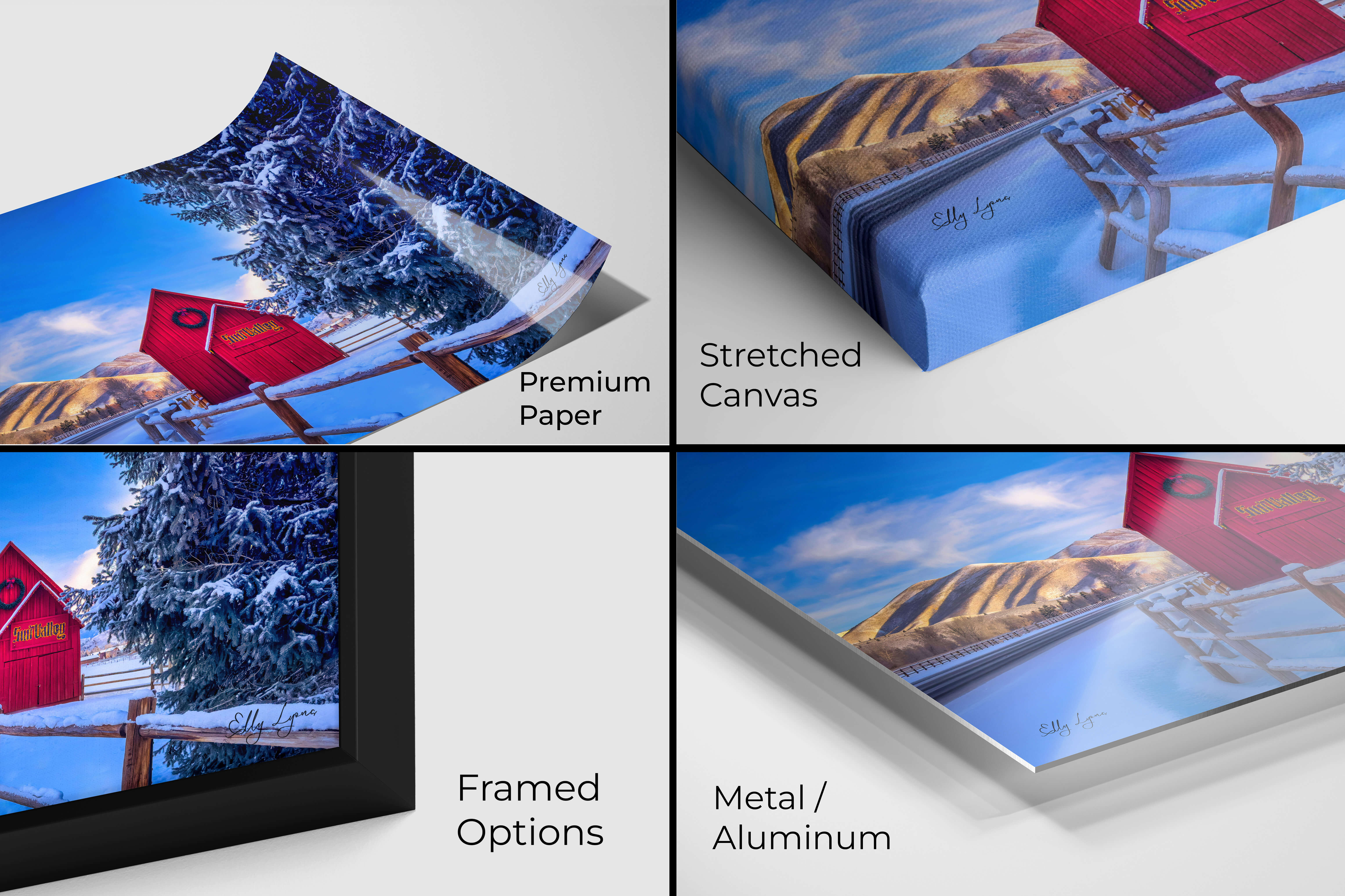 Sun Valley red barn winter landscape photography by Elly Lyons shown on premium paper, stretched canvas, framed fine art, and high-definition metal print – snowy Idaho mountain scene with rustic fence and vibrant blue sky, perfect for seasonal wall decor.