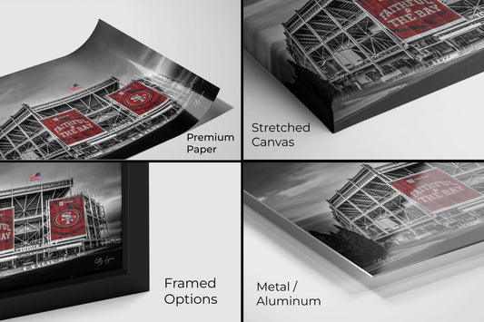 Levi’s Stadium red accent black and white photo shown on premium paper, canvas, metal, and acrylic with framing details.
