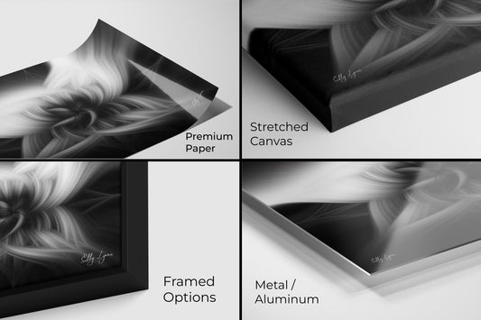 Abstract black and white fine art print on premium photo paper Abstract photograph on stretched canvas – detailed texture view Close-up of framed abstract print in black minimalist frame Metal print of abstract black and white design with sleek surface