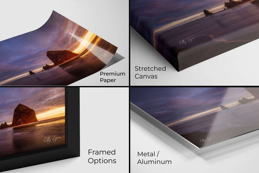Oregon coast sunset photo printed on premium paper, canvas, framed, and metal finishes.