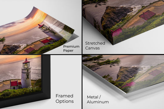 Heceta Head lighthouse photo displayed in paper, canvas, metal, and framed formats.