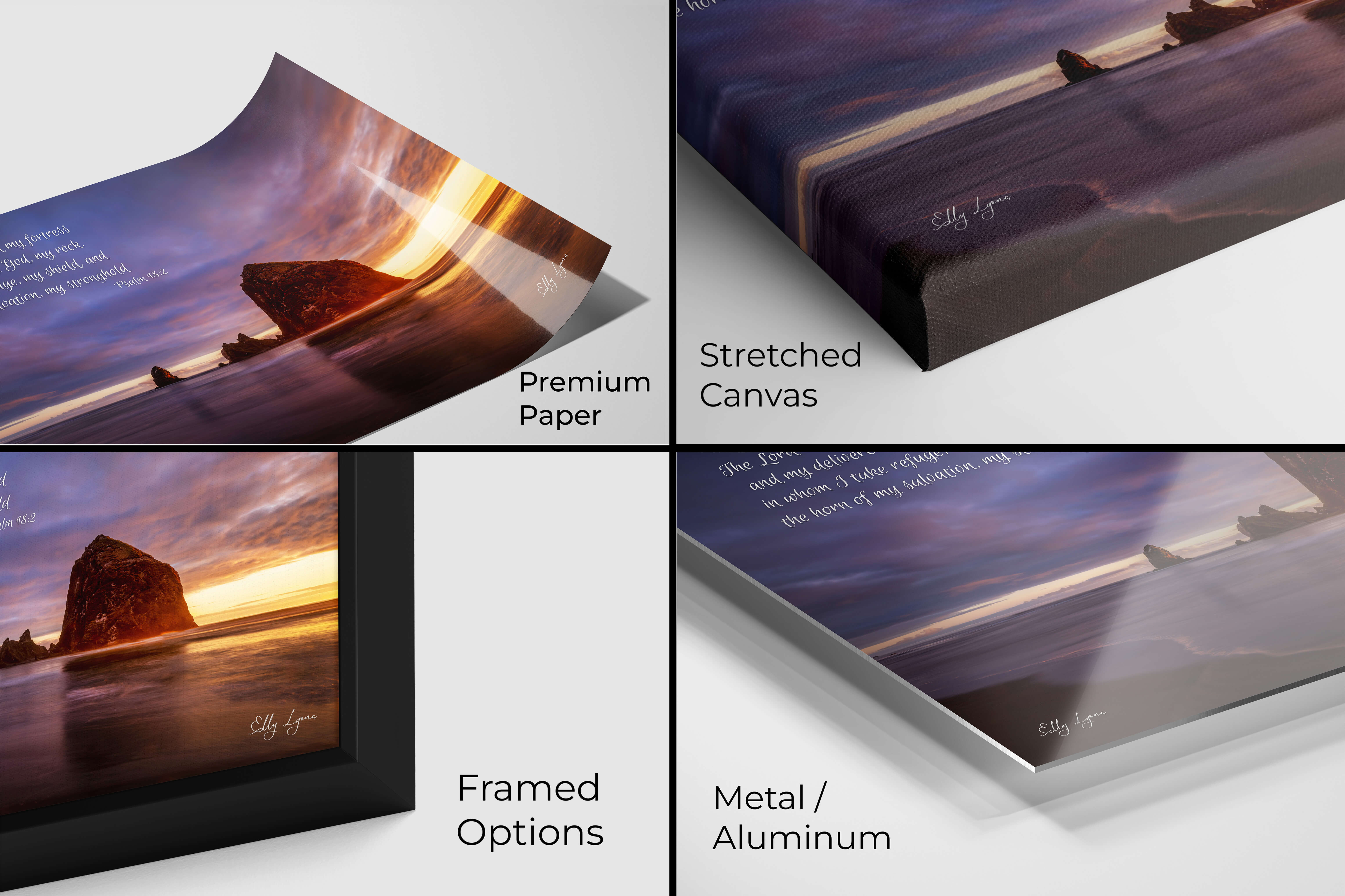 Sunset scripture print featuring Psalm 18:2 available in premium paper, canvas, framed, and metal finishes.