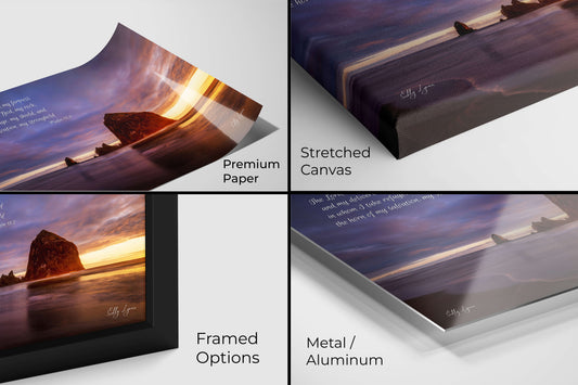 Sunset scripture print featuring Psalm 18:2 available in premium paper, canvas, framed, and metal finishes.