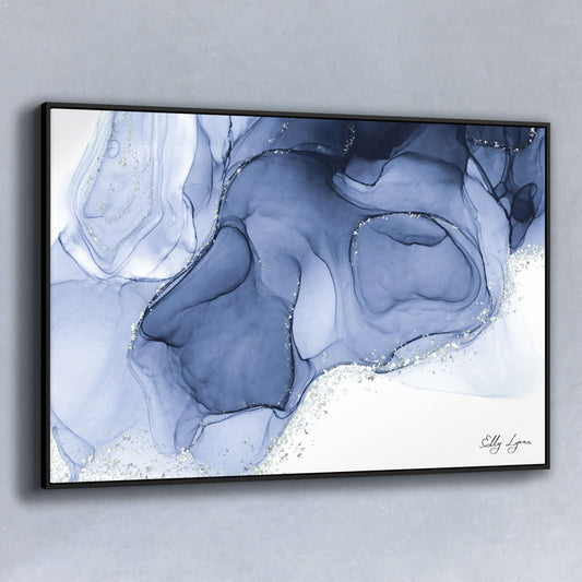 Abstract indigo and blue fluid art print with soft marbled textures and silver accents by Still Wonders Photography