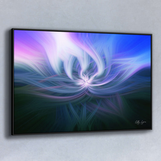 Abstract fine art print with radiant violet, blue, and green spiral design in floral form by Elly Lyons