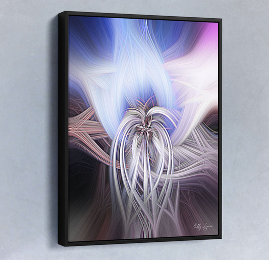 Abstract fine art print featuring flowing lavender, blue, and white arcs forming a flame-like vertical design by Elly Lyons.