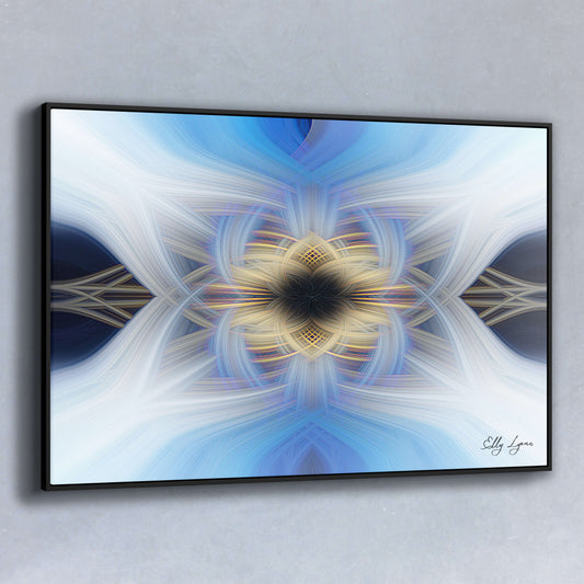 Abstract fine art print featuring gold, blue, and white light swirling from a central floral form by Elly Lyons.