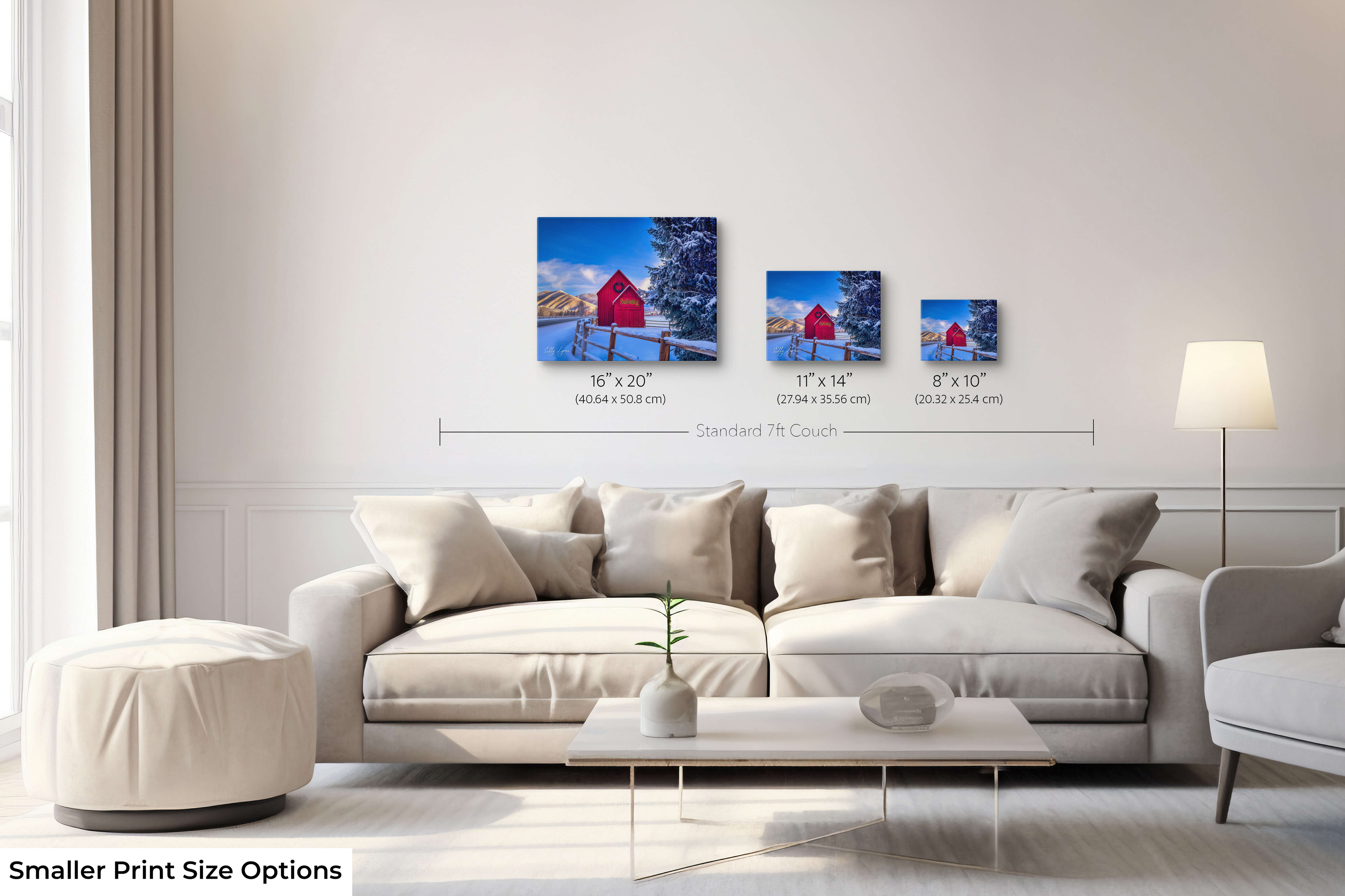 Set of 3 snowy mountain and barn photography prints in winter tones – peaceful Idaho landscape wall decor for farmhouse or lodge-style rooms.