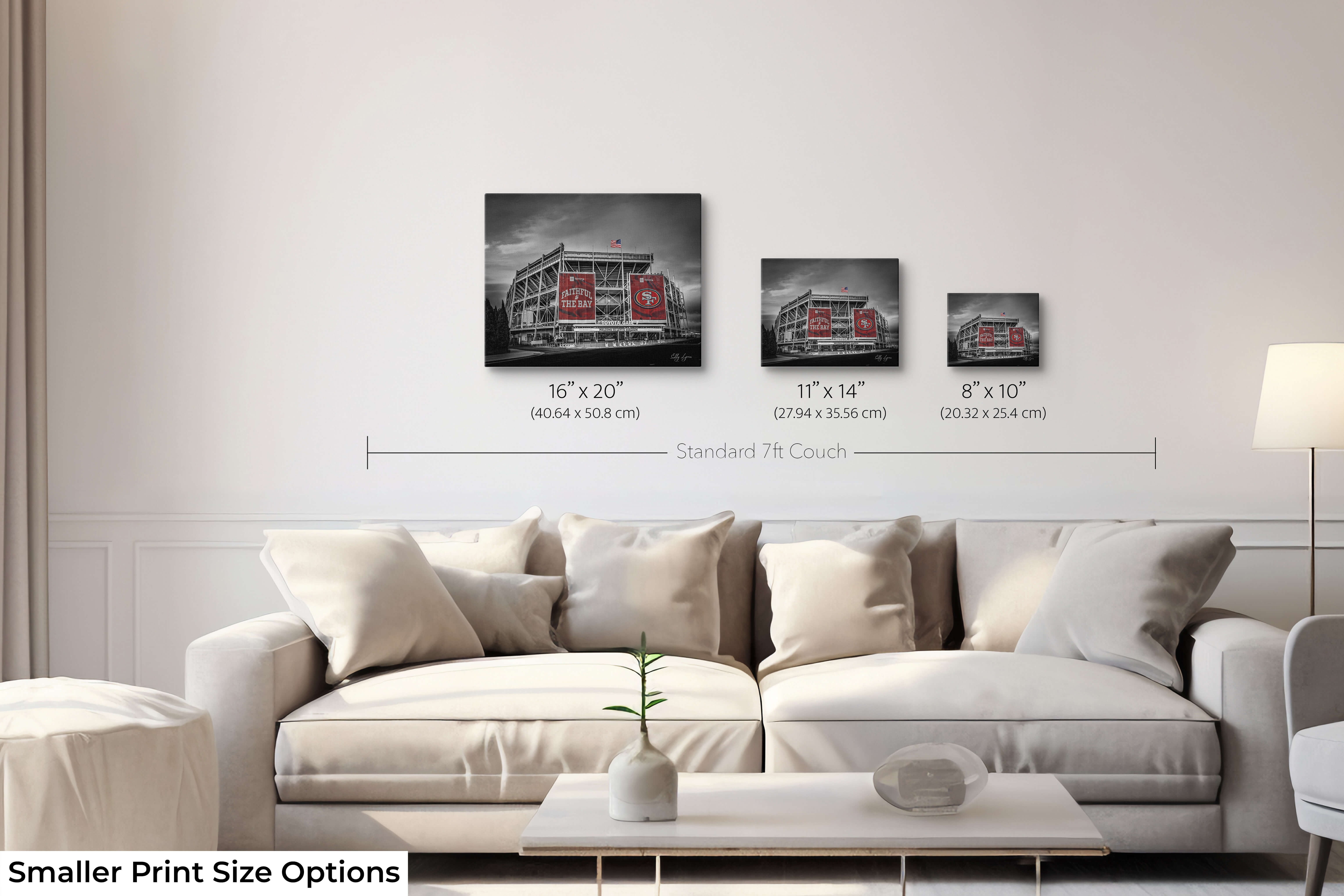Small-size Levi’s Stadium print in black and white with red accents shown above a 7ft sofa for scale comparison.
