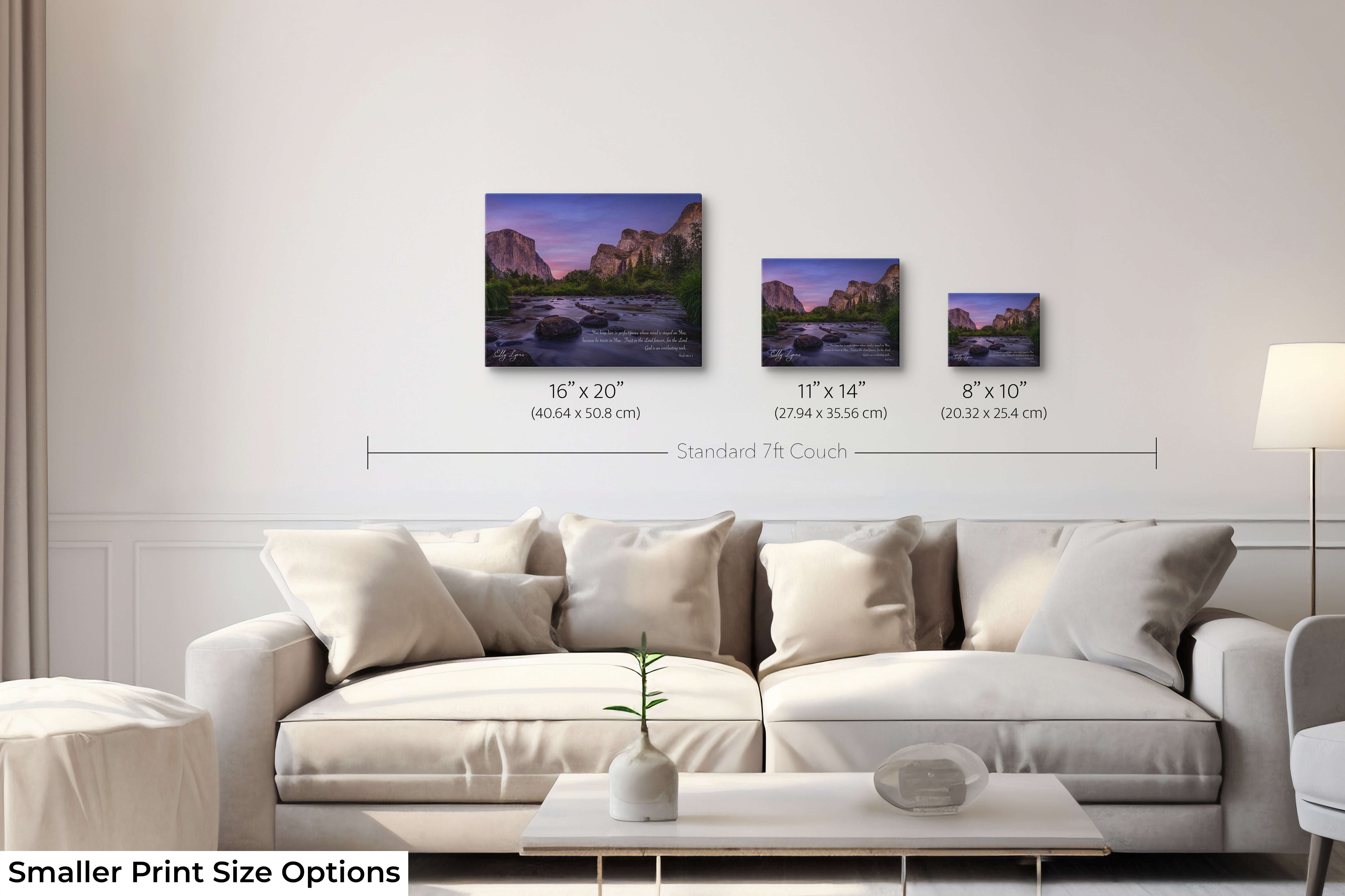 Set of 3 small Christian prints featuring peaceful Yosemite scene with Isaiah 26:3-4 Bible verse.