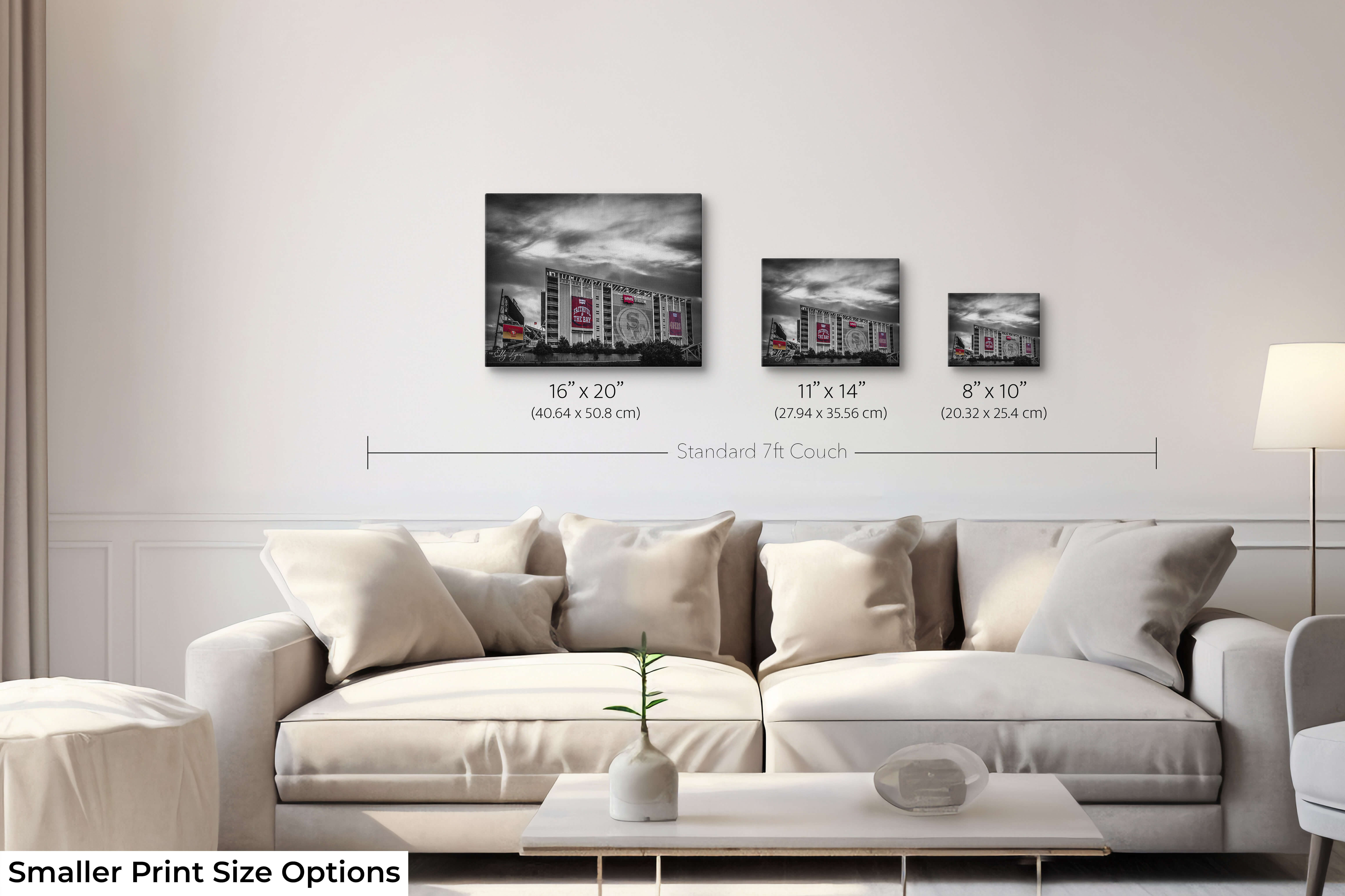 Three smaller-sized Levi’s Stadium prints (8x10, 11x14, 16x20) shown above a standard 7ft couch to help customers visualize scale for small spaces.