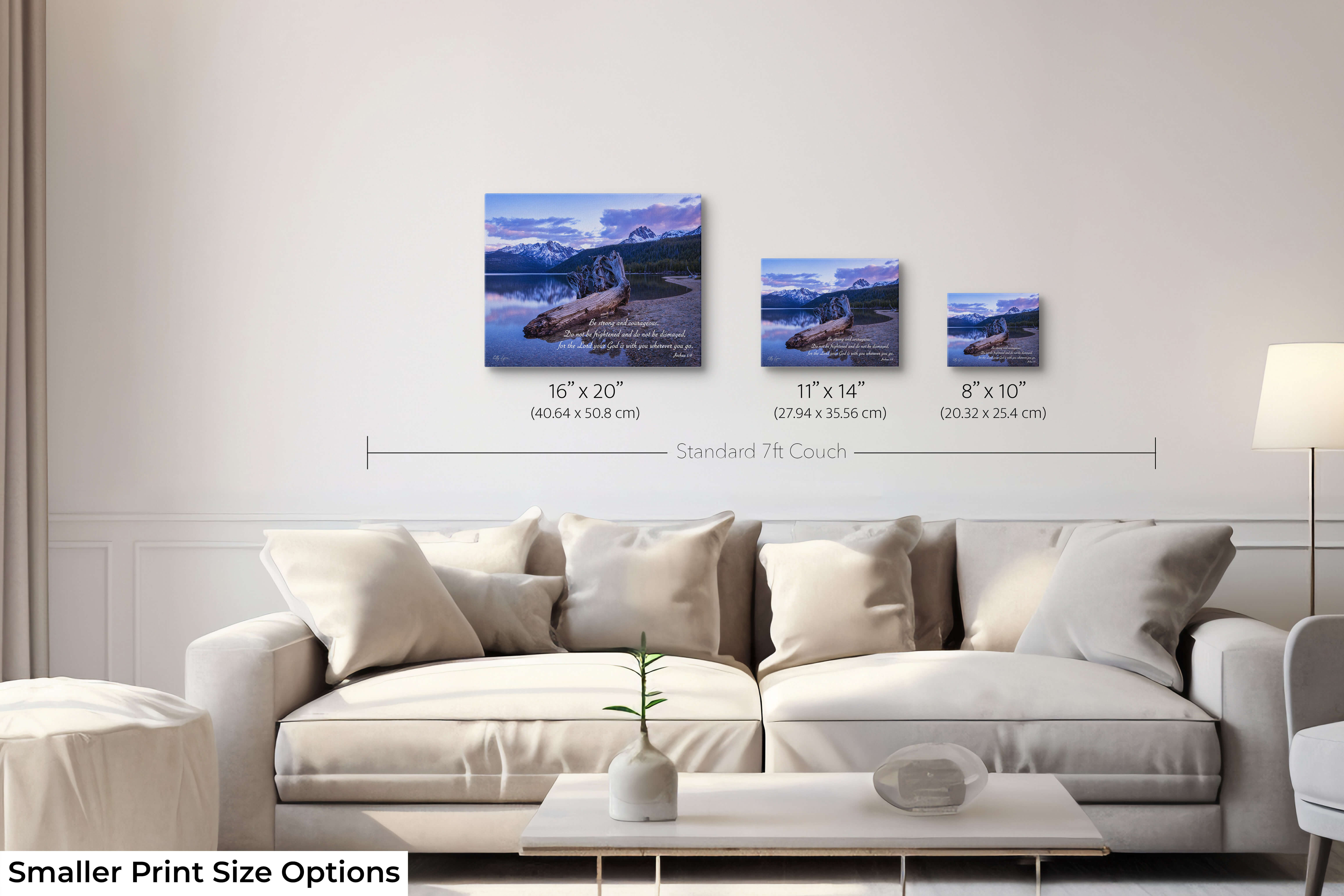 Set of 3 small Christian prints with tranquil mountain lake scene and encouraging Joshua 1:9 Bible verse.
