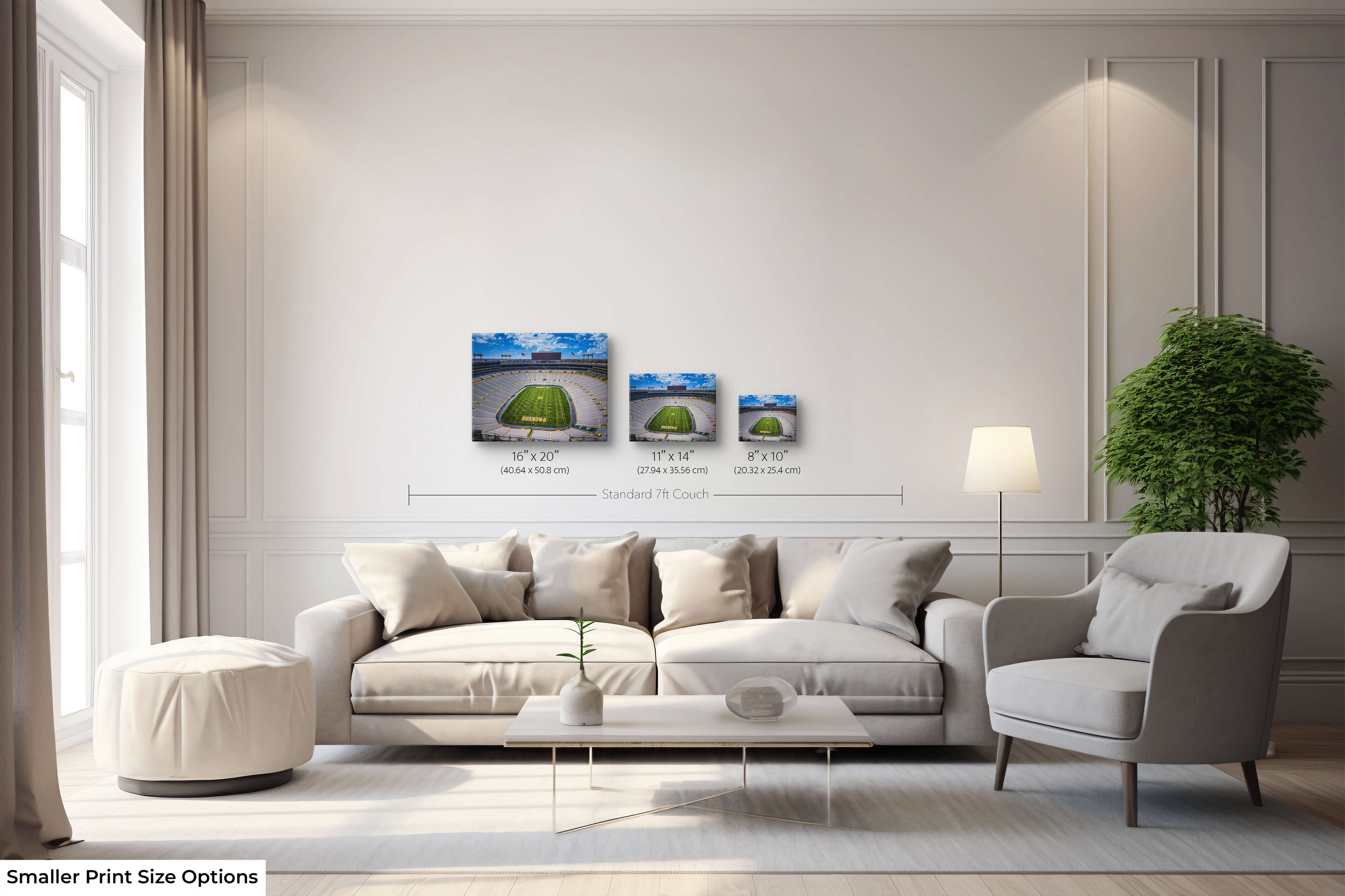 Size comparison of small Lambeau Field art prints above a standard 7ft couch, ideal for compact sports-themed spaces.