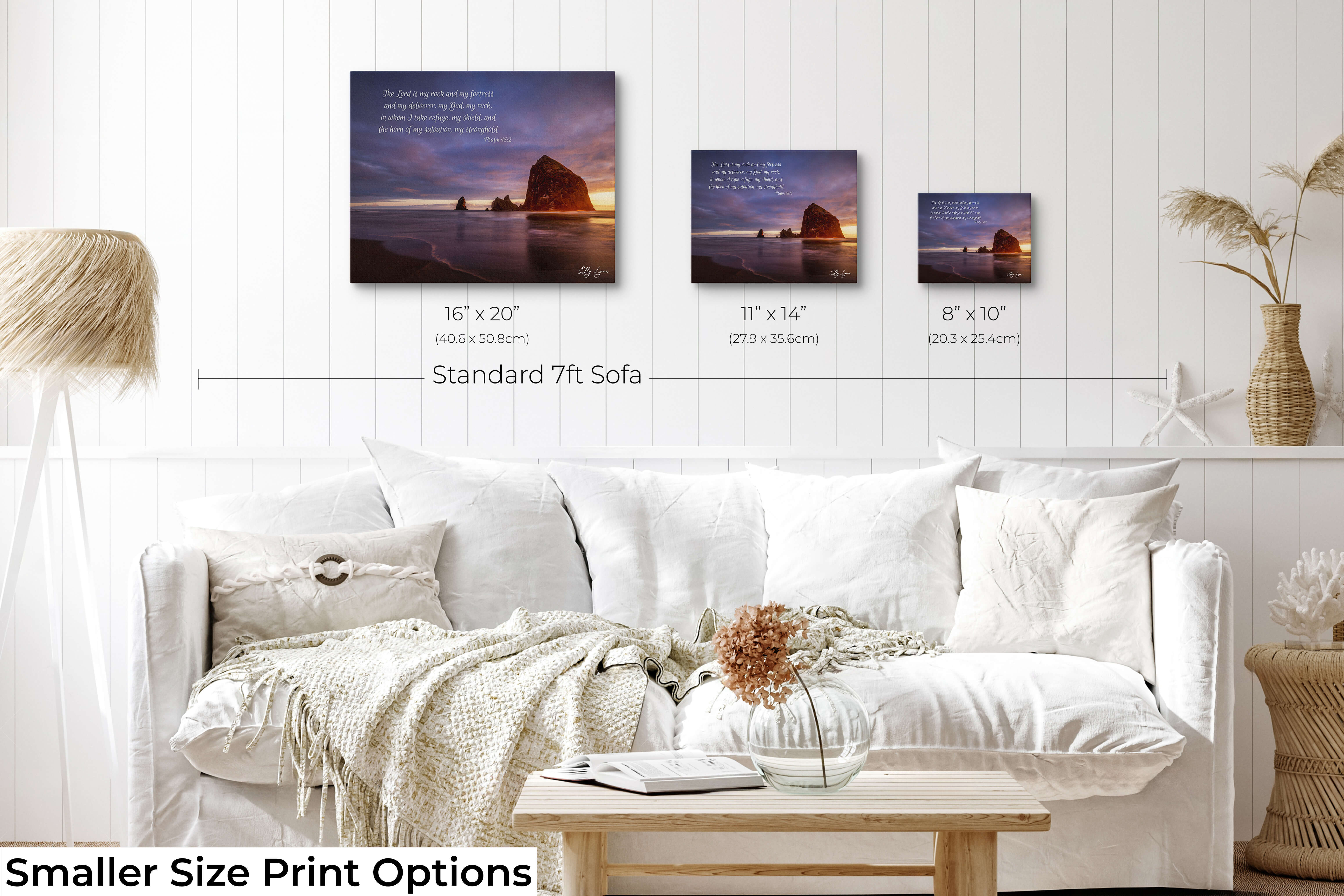 Set of 3 small scripture prints with Haystack Rock and Psalm 18:2 — “My shield and the horn of my salvation.”