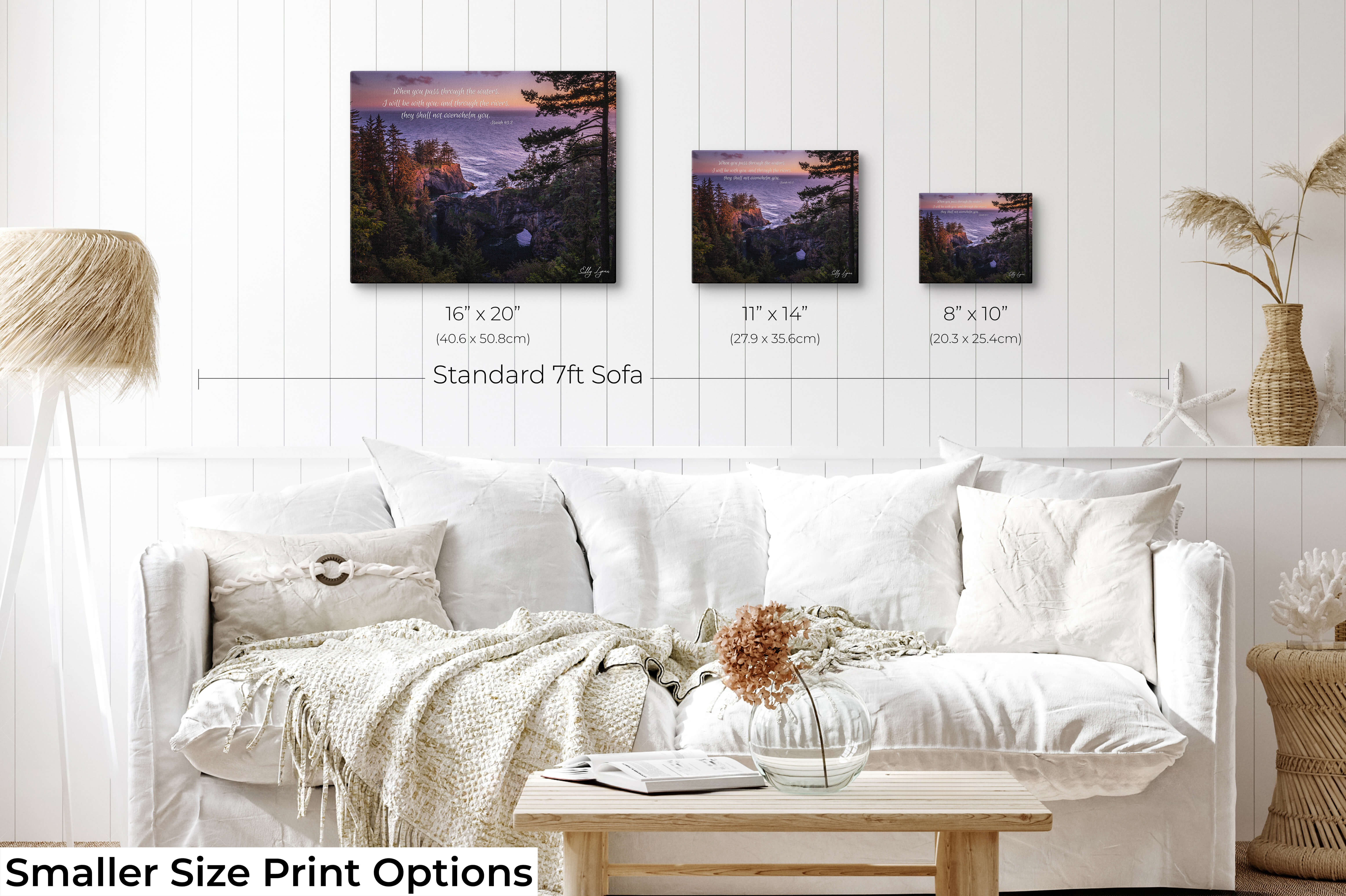 Set of 3 small Christian prints featuring Isaiah 43:2 and coastal rock arch scenery for home decor or gifting.