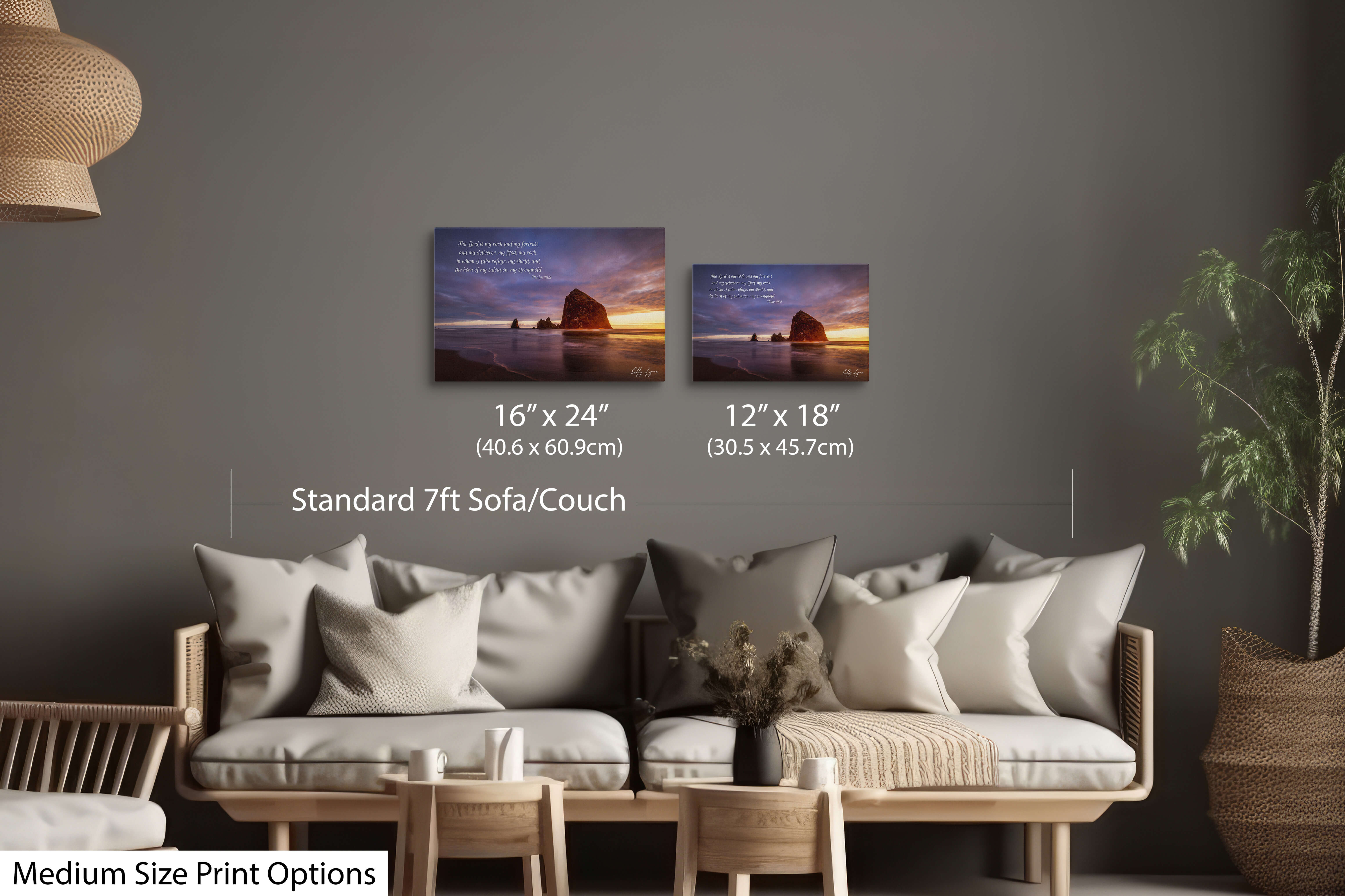 Coastal Psalm 18:2 artwork in medium format decorating a peaceful living room wall.