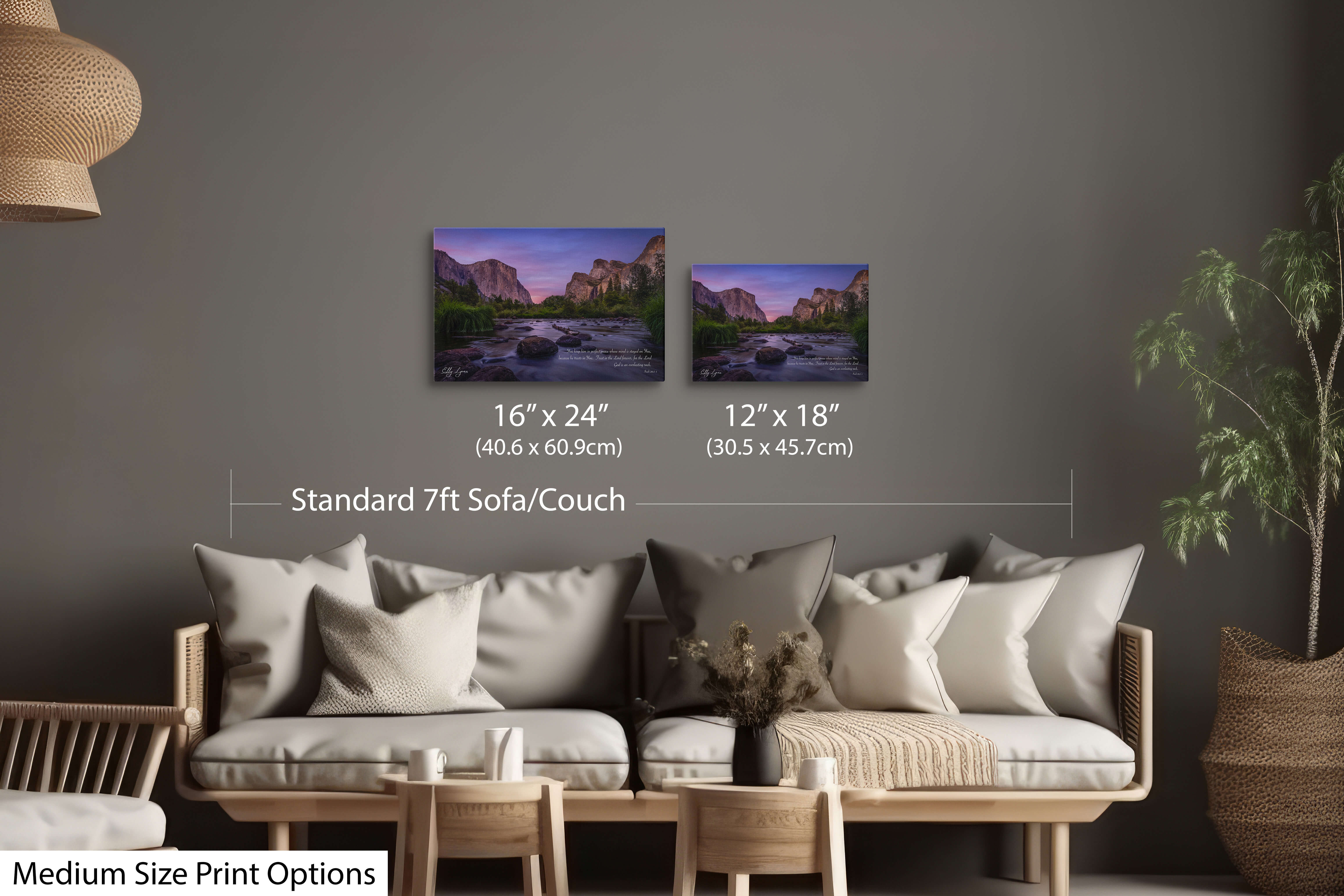 Two medium-sized Christian scripture prints with valley landscape and Isaiah 26:3-4 in a cozy living room.