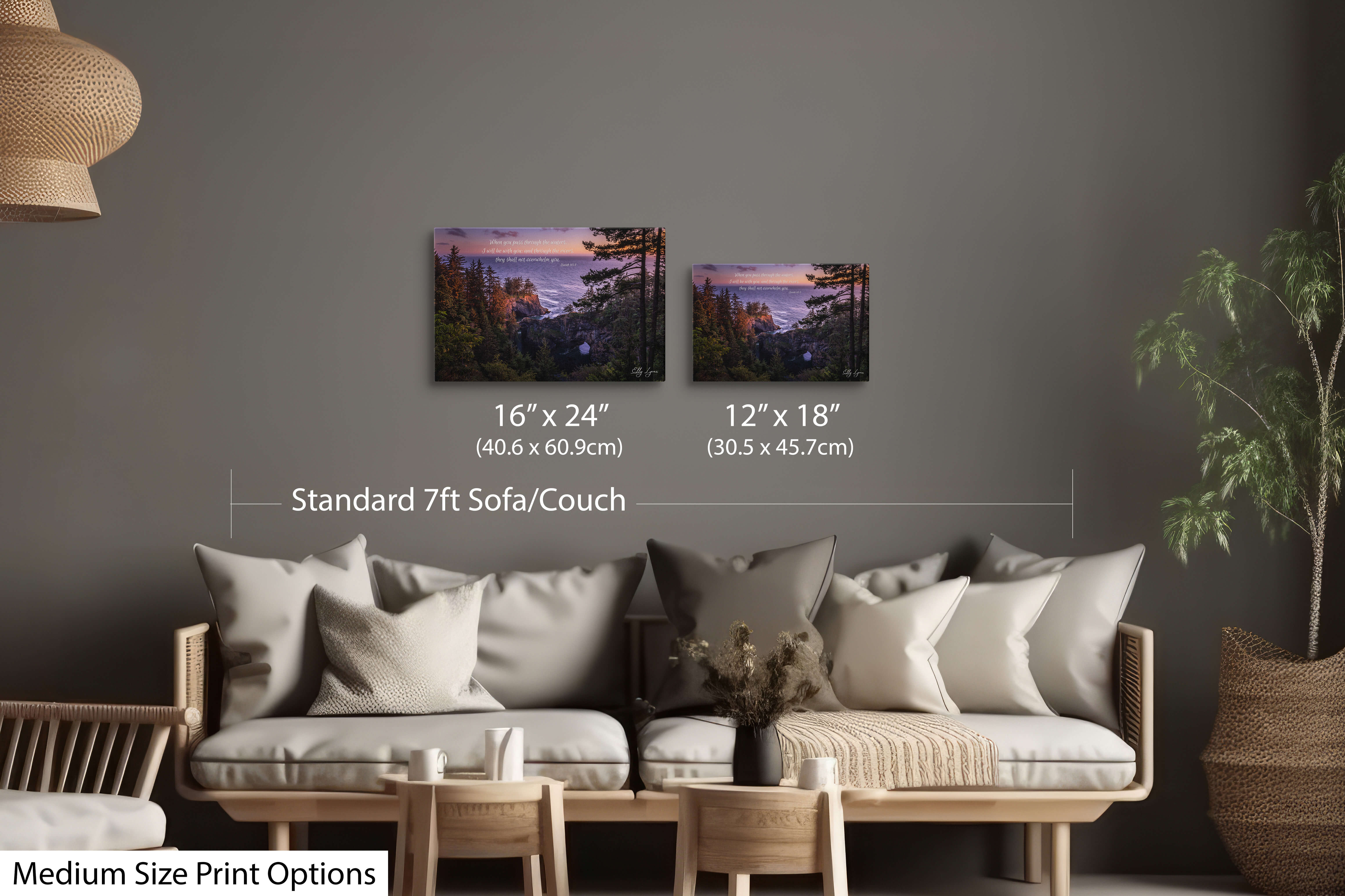 Two medium-sized prints with Isaiah 43:2 and ocean cliffs scene in a cozy living room space.