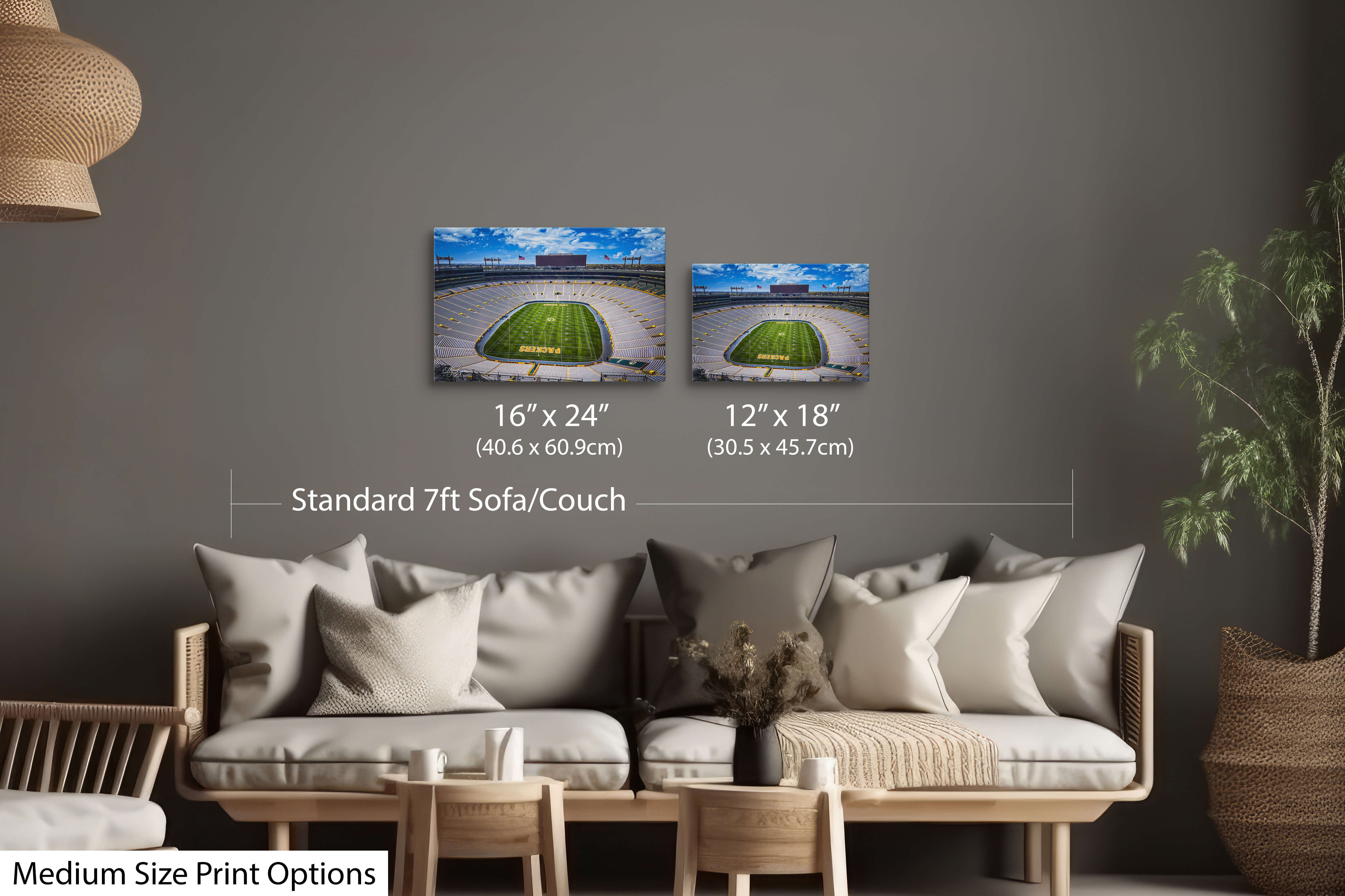 Medium Packers stadium art displayed in a neutral-toned living room to show how the print complements a minimalist space.