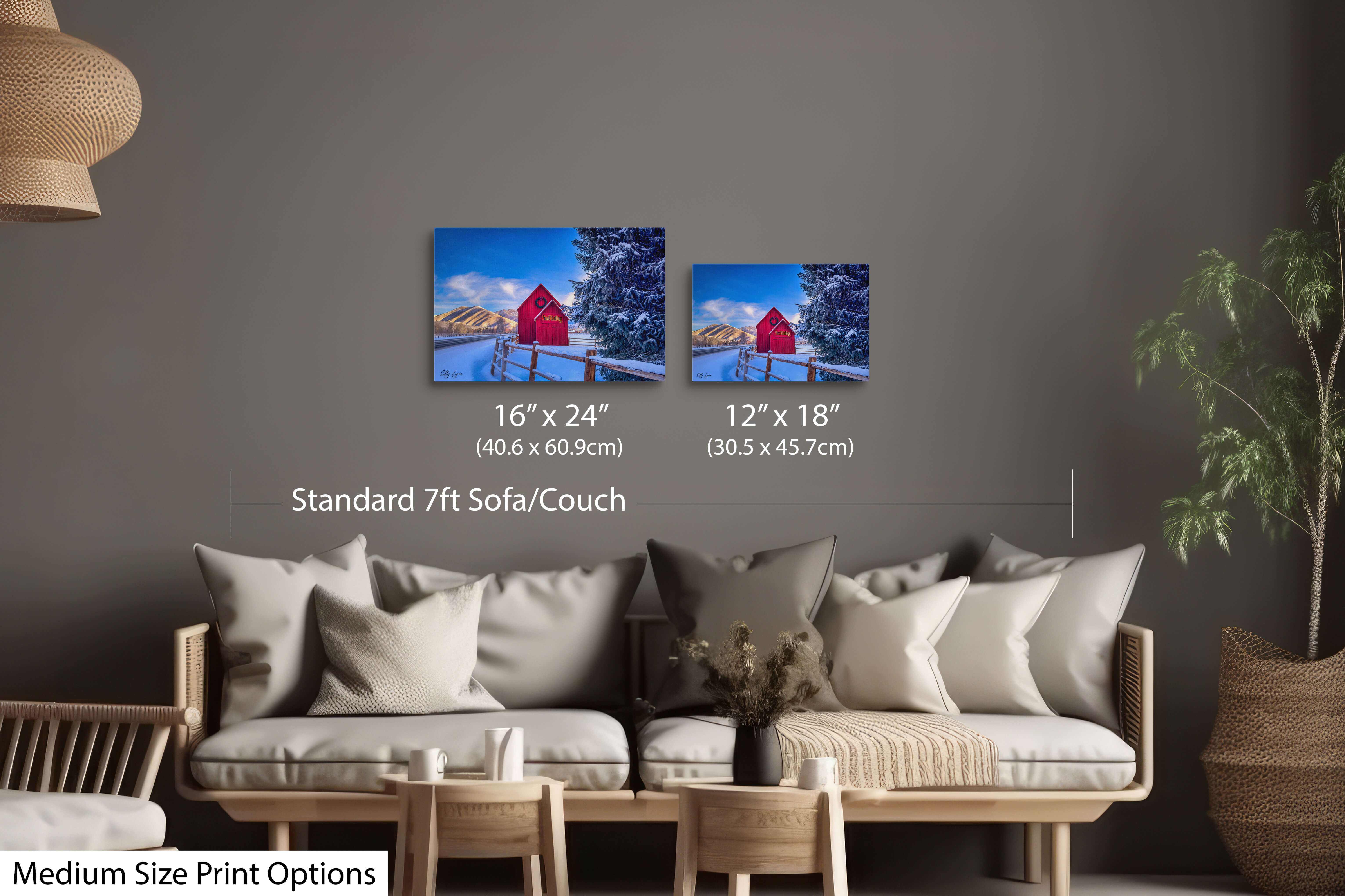 Pair of winter fine art prints with Idaho’s Sun Valley red barn and snowy mountains – warm light and icy tones create an inviting focal point.