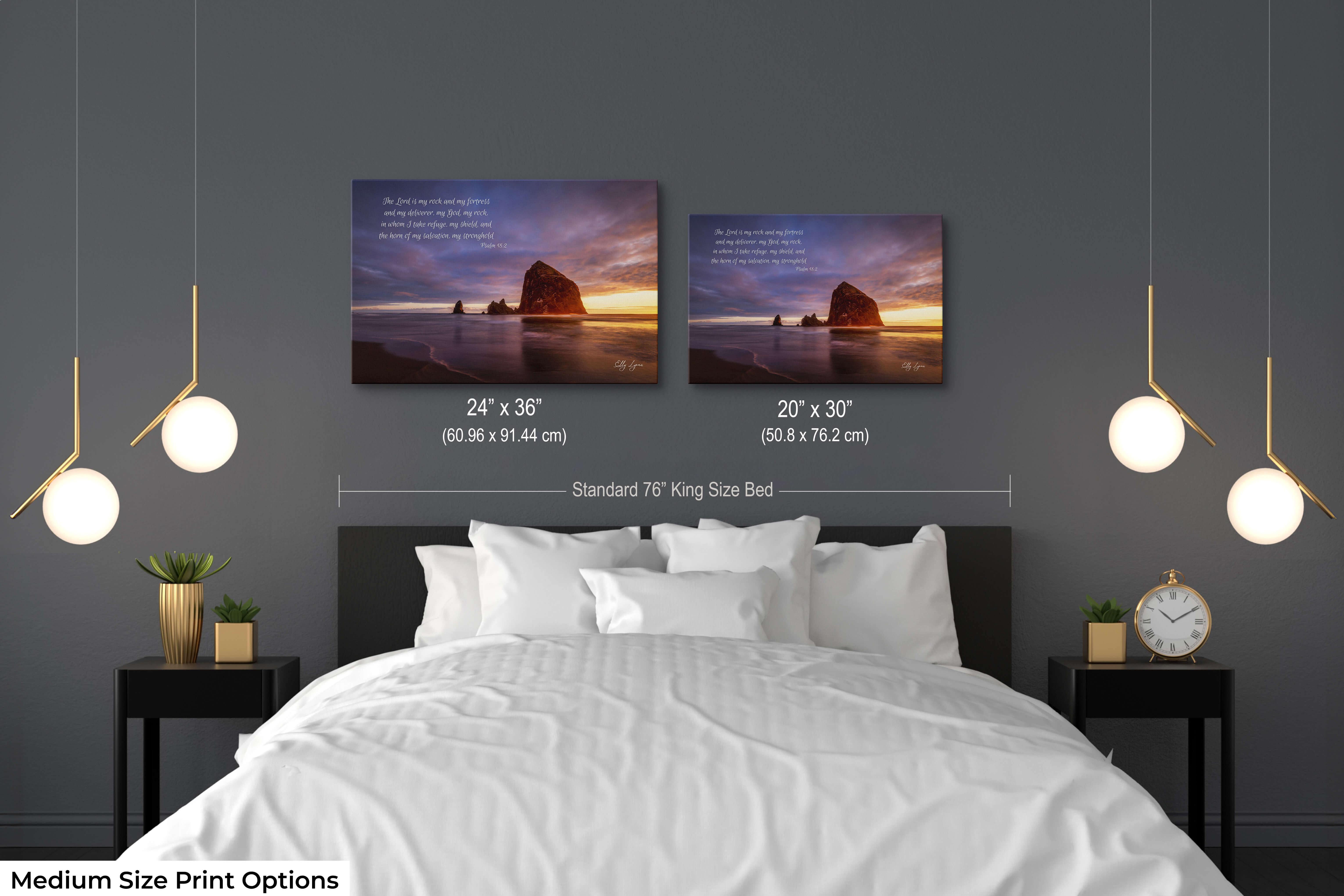 Pair of ocean-themed Christian prints featuring “My God, my rock” in a tranquil bedroom.