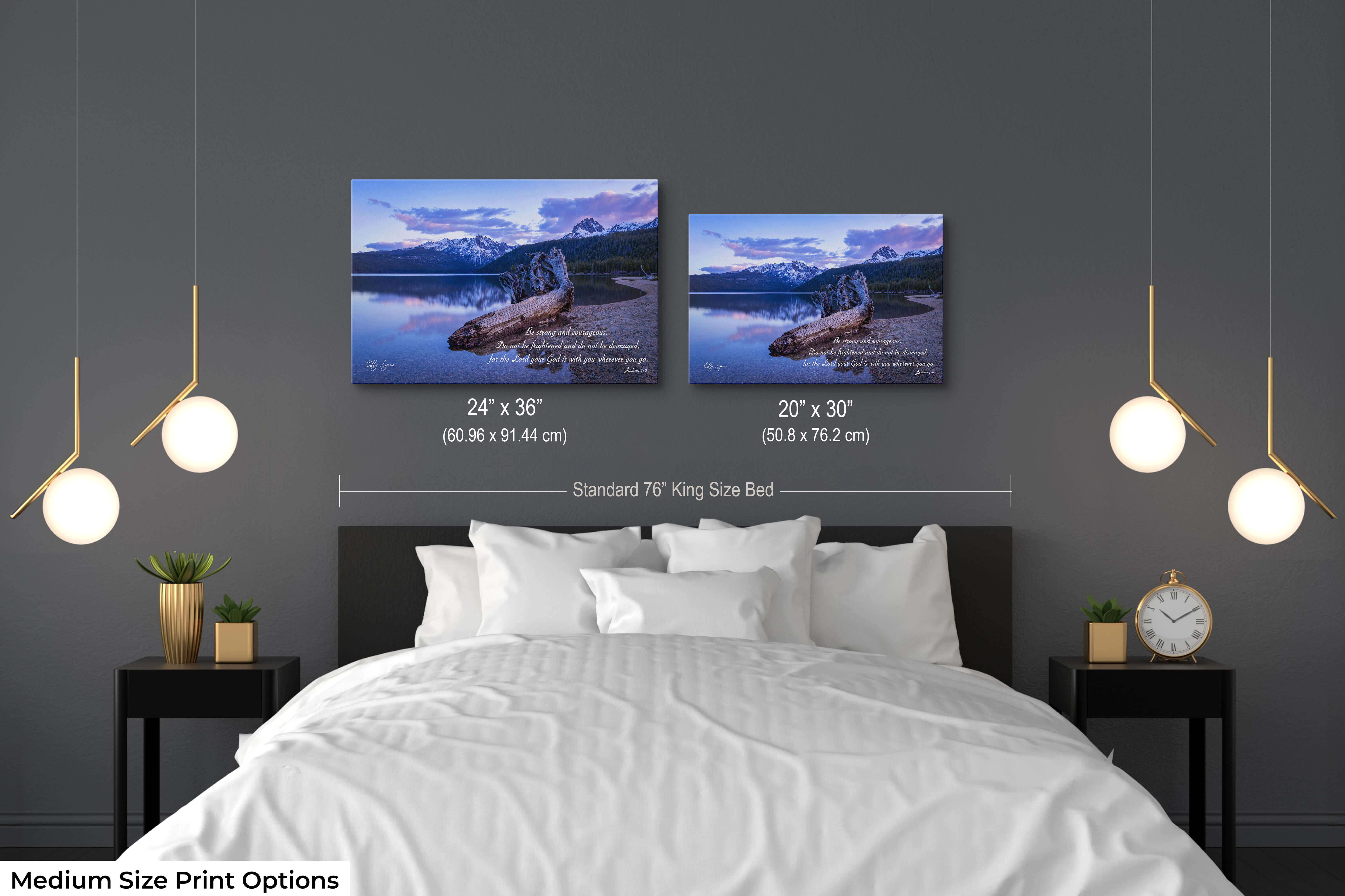 Pair of medium-sized faith-based wall prints with a serene lake and Joshua 1:9 verse in a restful bedroom.