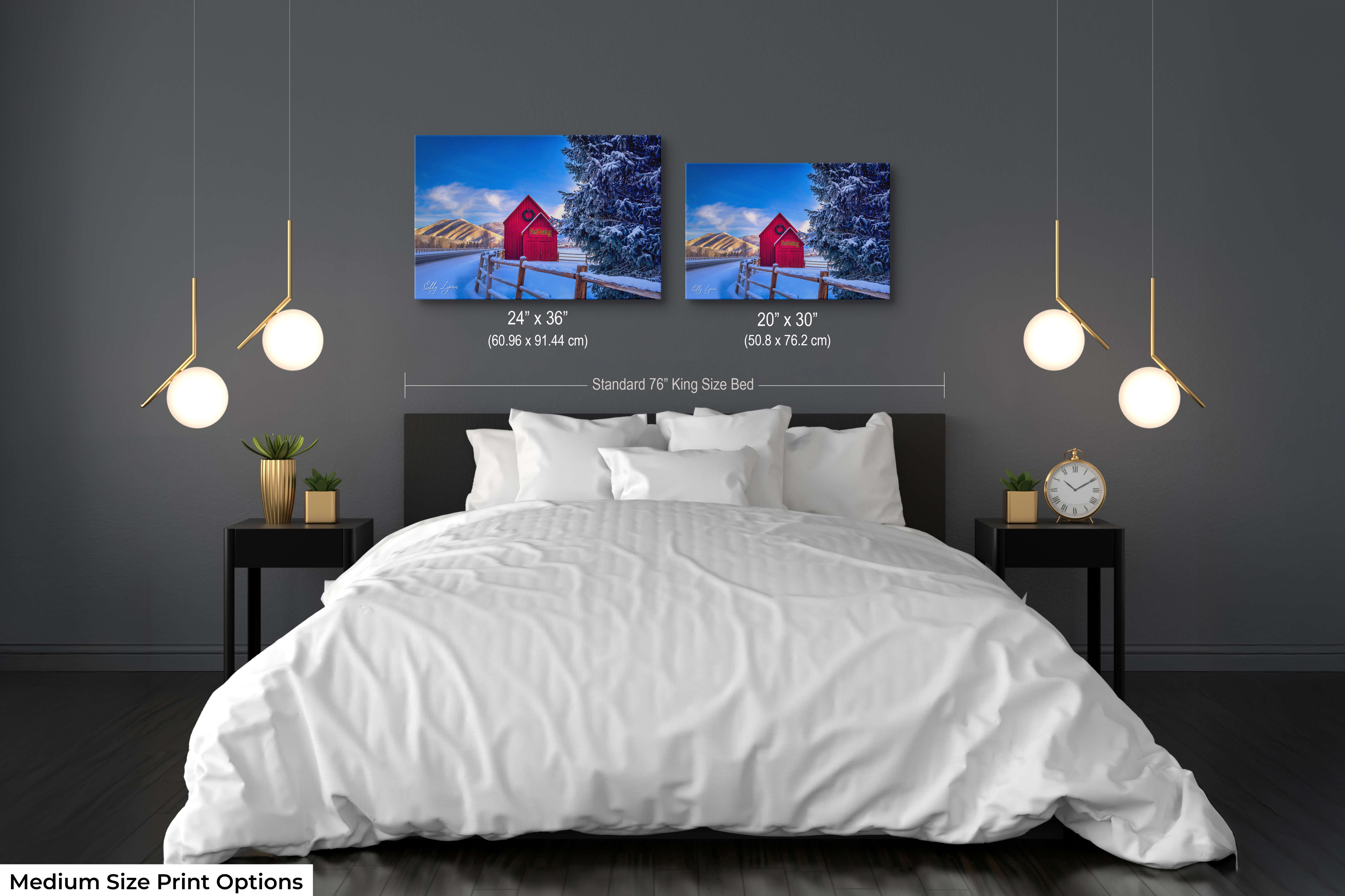 Large-scale winter photography featuring Sun Valley’s iconic red barn – peaceful Idaho landscape for bedroom wall art with seasonal charm.