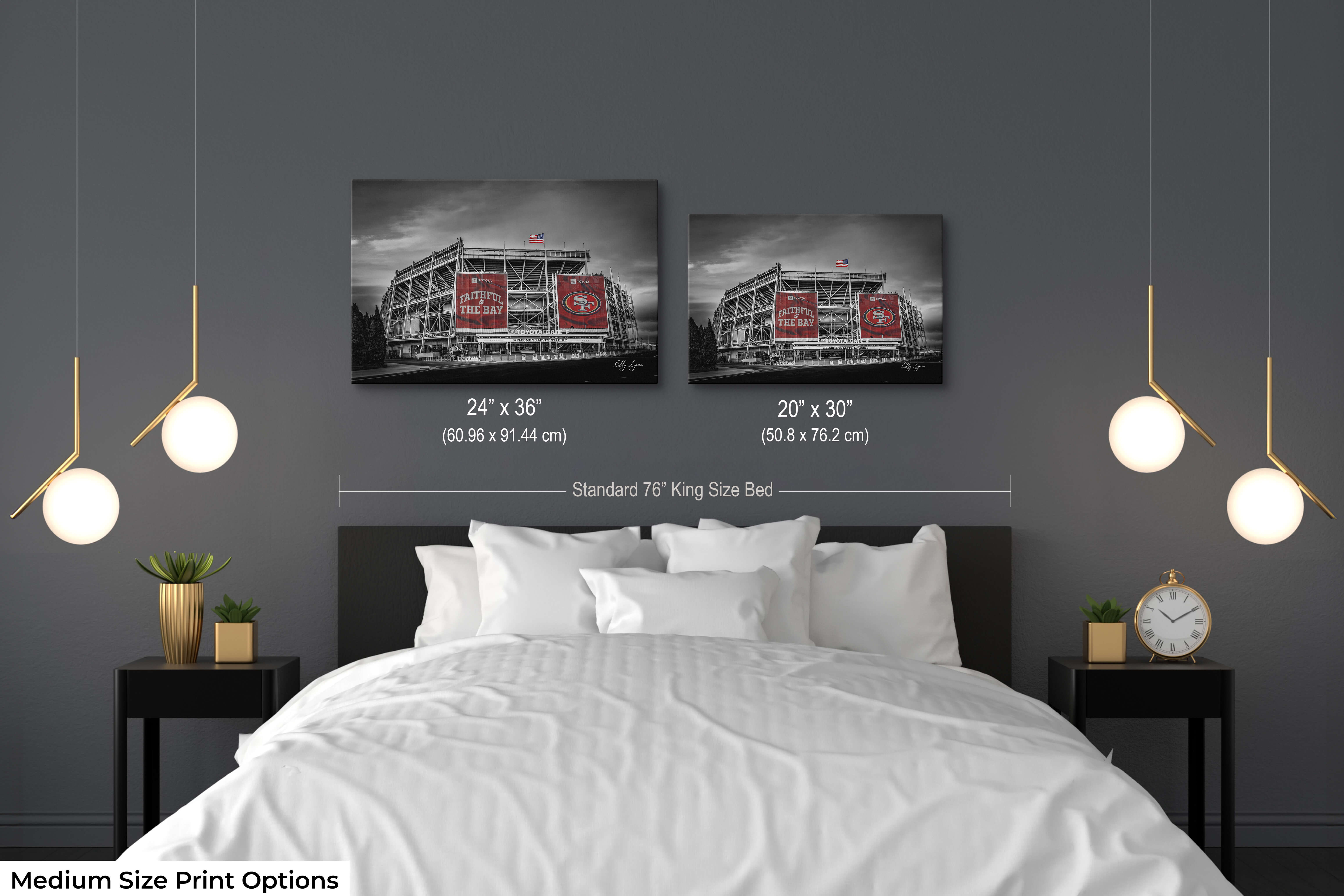 Modern bedroom mockup with medium Levi’s Stadium prints in black and white and red accent style above a king-size bed.