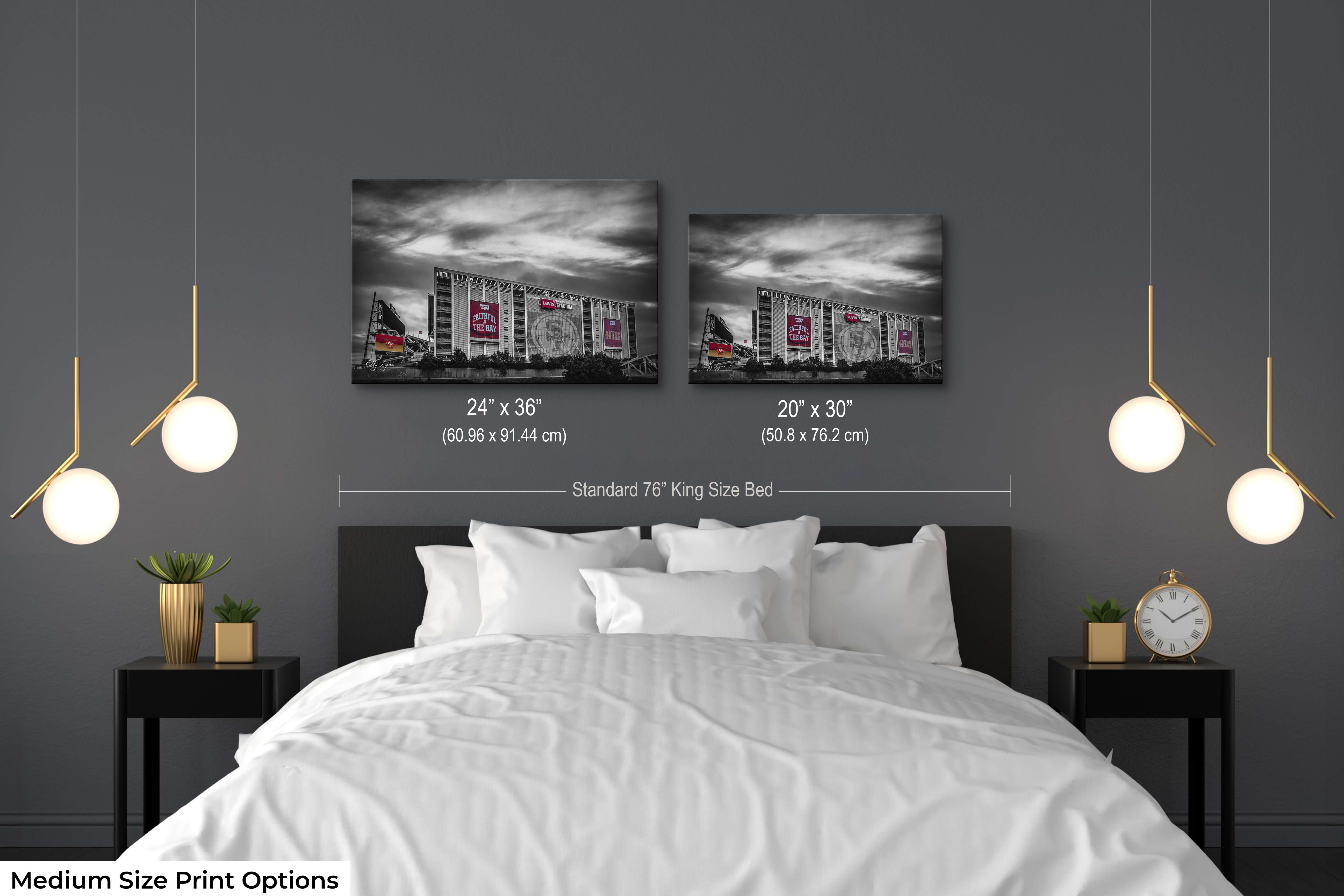 Levi’s Stadium color splash prints in 20x30 and 24x36 sizes displayed above a king-sized bed, offering scale reference for bedroom wall art.