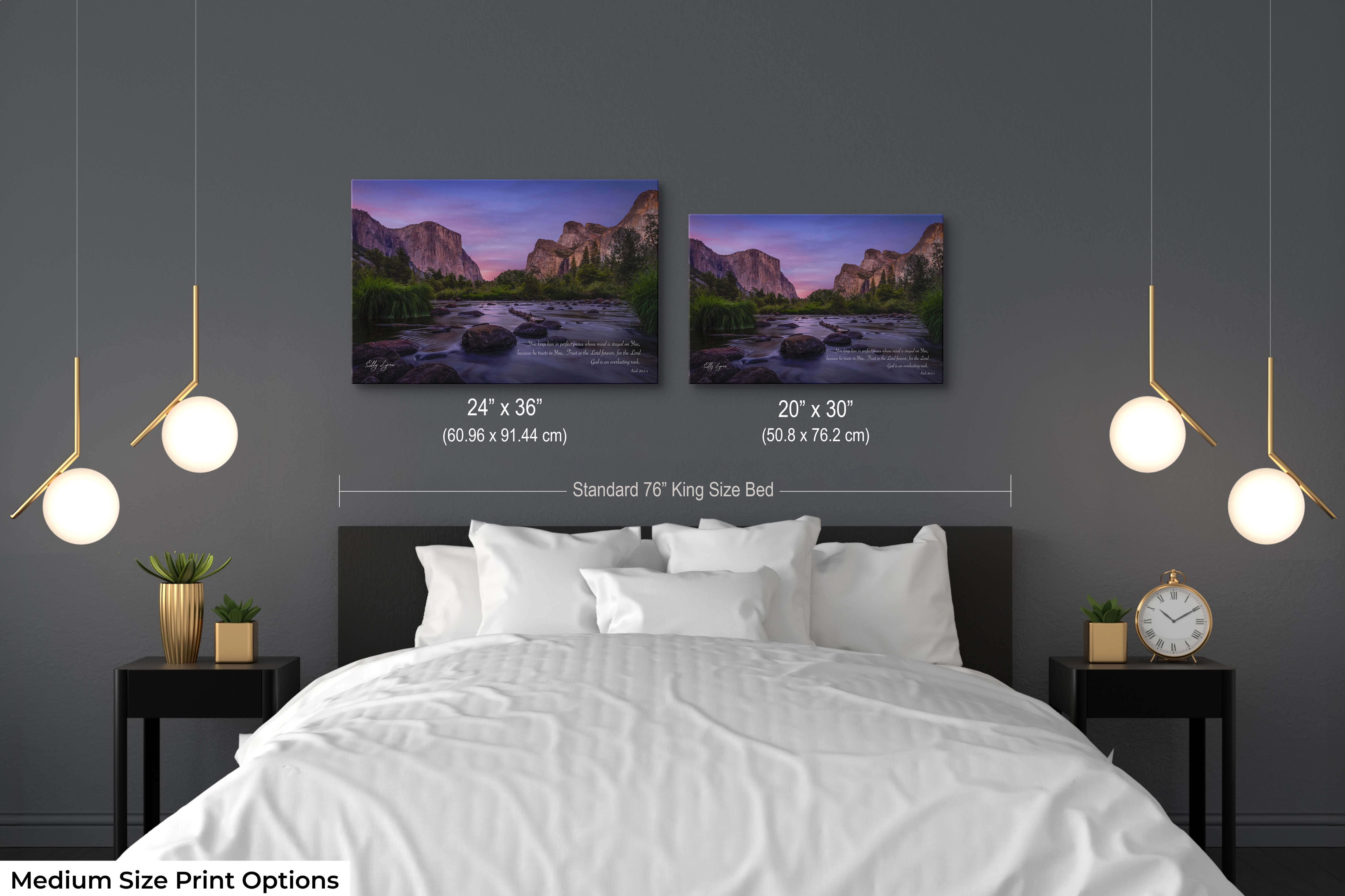 Pair of medium Christian landscape prints with Yosemite and Isaiah 26:3-4 in a restful bedroom setup.
