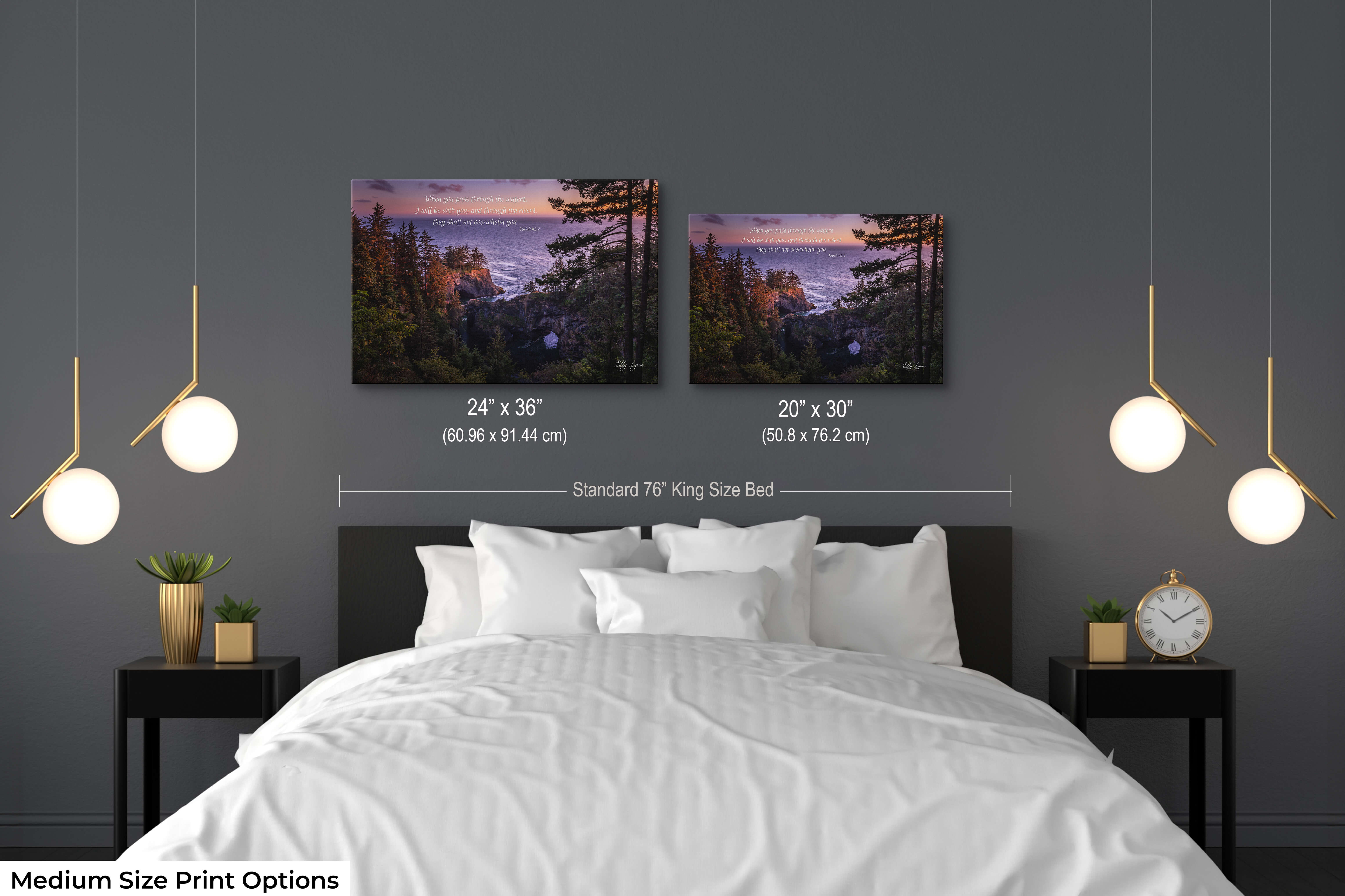Pair of medium coastal scripture prints with Isaiah 43:2 — “They shall not overwhelm you” in restful bedroom.