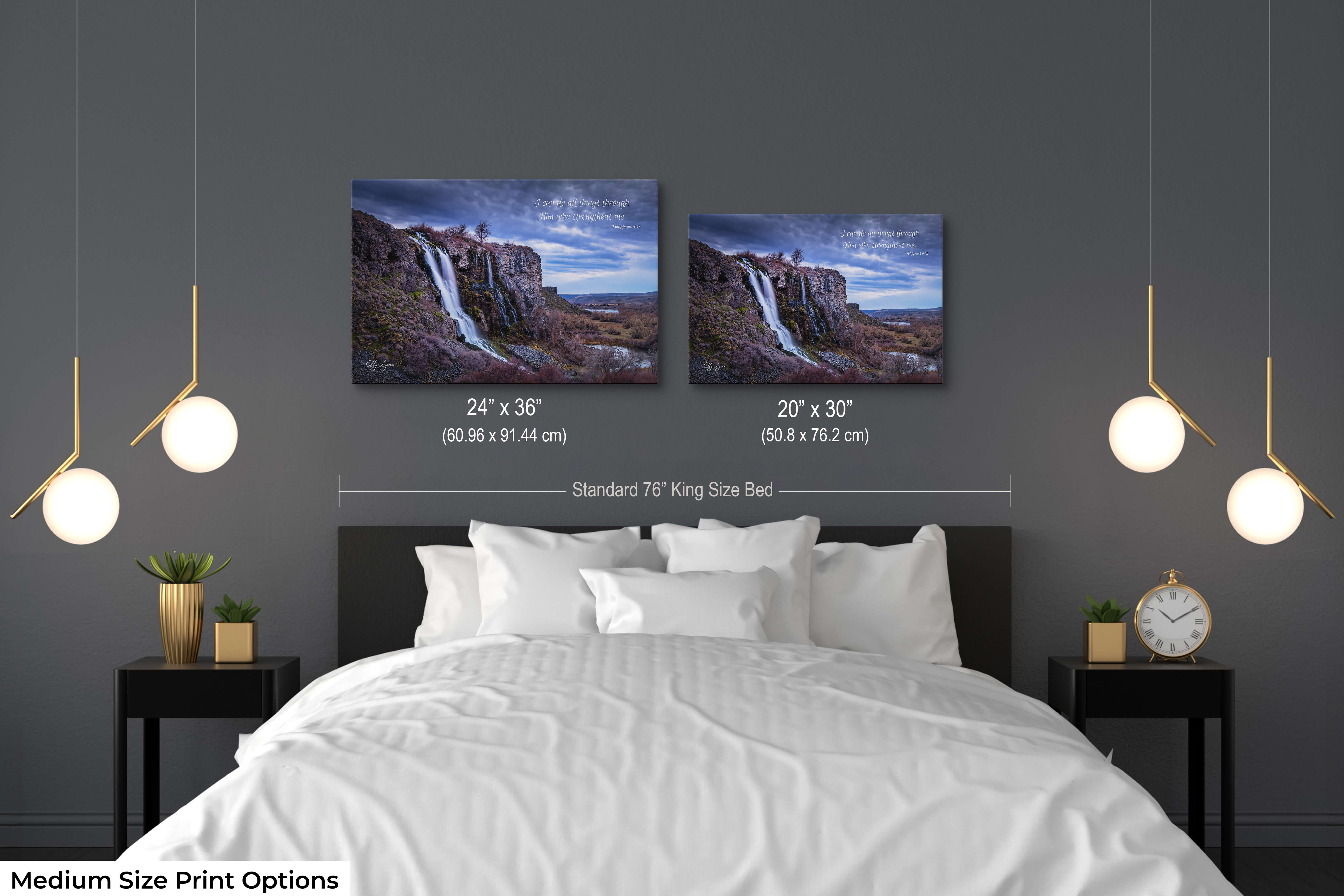 Two medium Christian landscape prints with a waterfall and scripture styled above a peaceful bedroom setup.